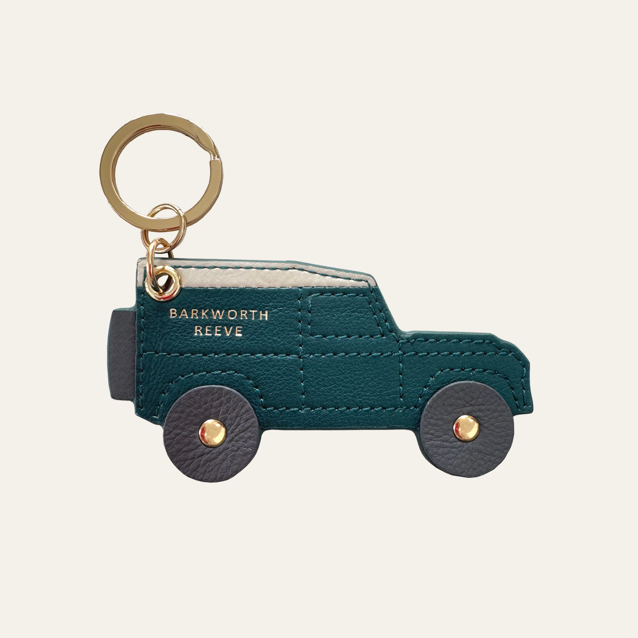 4x4 car keyring with green leather body, white leather roof and moving wheels. shiny split ring by Barkworth Reeve