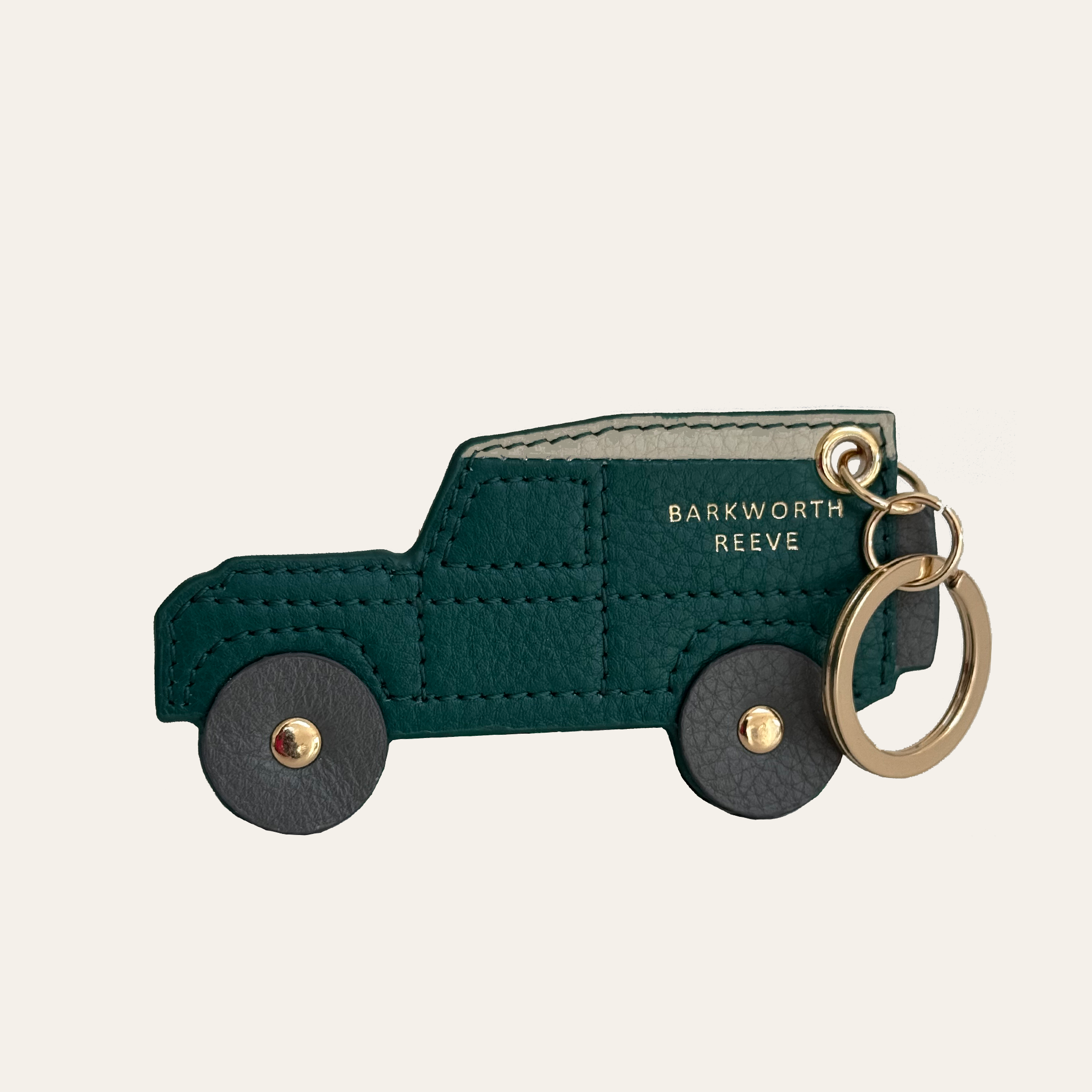 4x4 off road truck keyring in green leather with gold split ring and black wheels