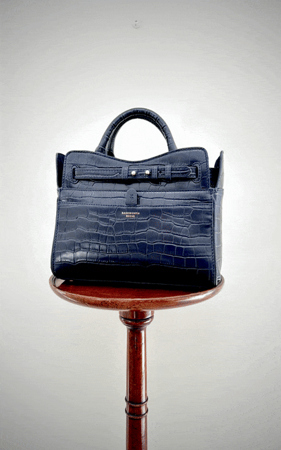 Ambridge Navy Croc Leather Handheld Bag with Detachable Shoulder Strap