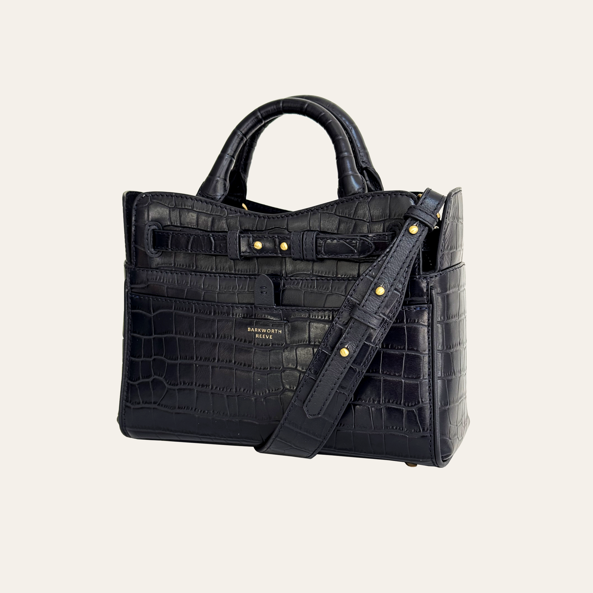 Ambridge Navy Croc Leather Handheld Bag with Detachable Shoulder Strap