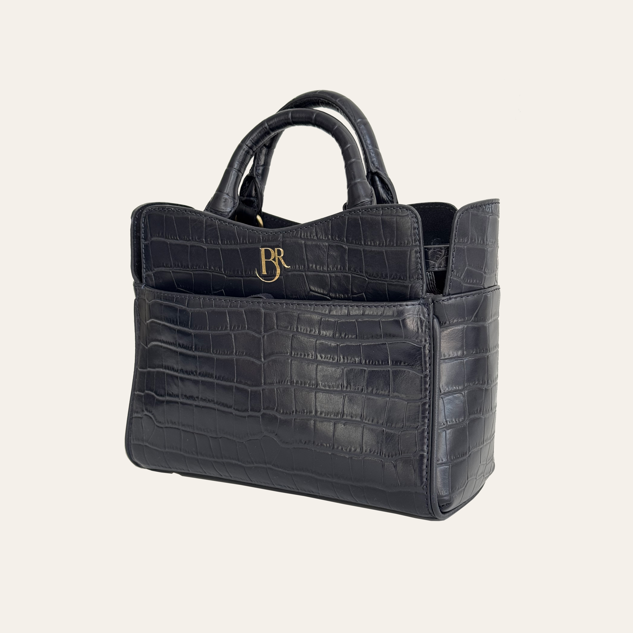 Ambridge Navy Croc Leather Handheld Bag with Detachable Shoulder Strap