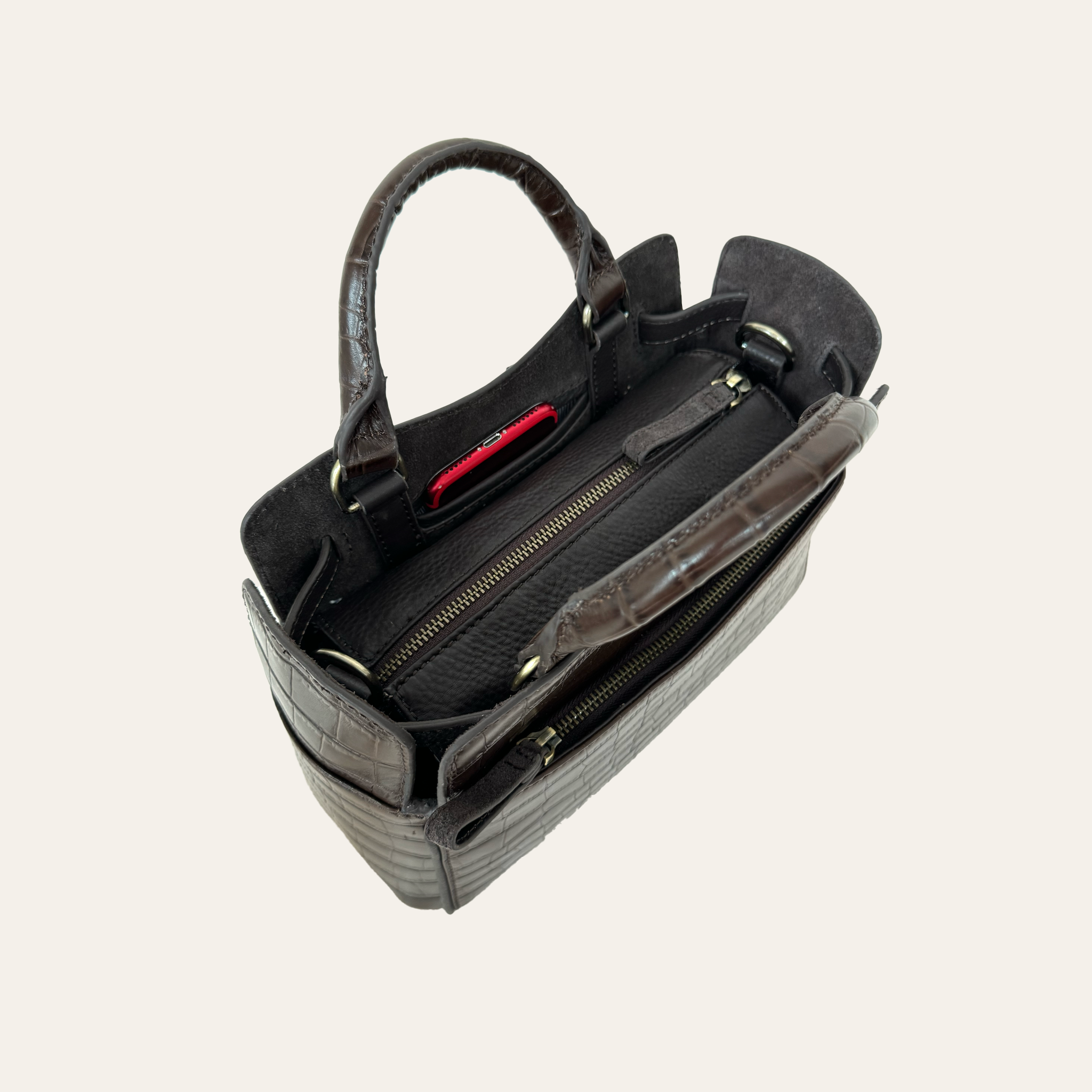 Ambridge Chocolate Leather Handheld Bag with Detachable Shoulder Strap