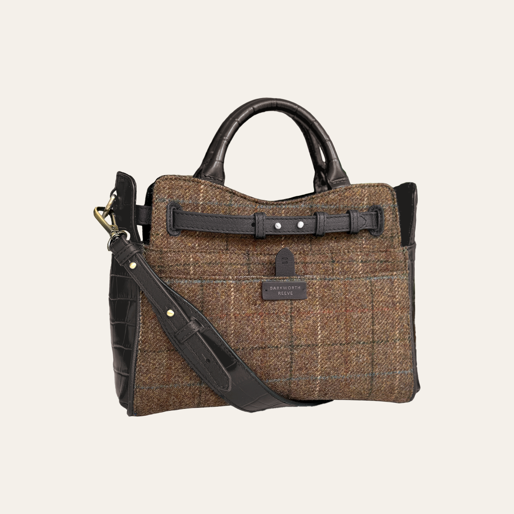 Ambridge Tweed & Chocolate Brown Croc Leather Handheld Bag with Detachable Shoulder Strap