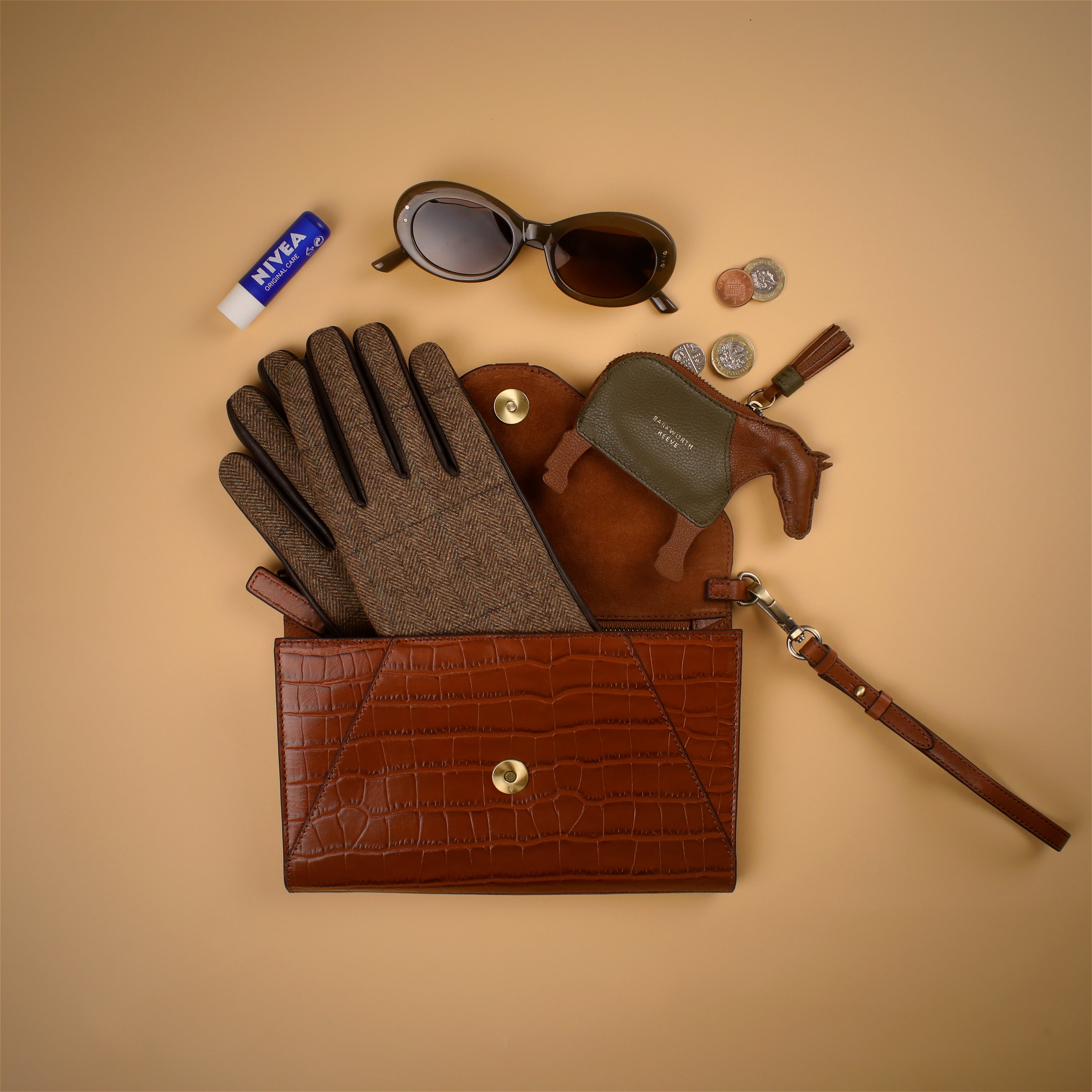 Foxley Clutch Bag and Tweed & Leather Gloves