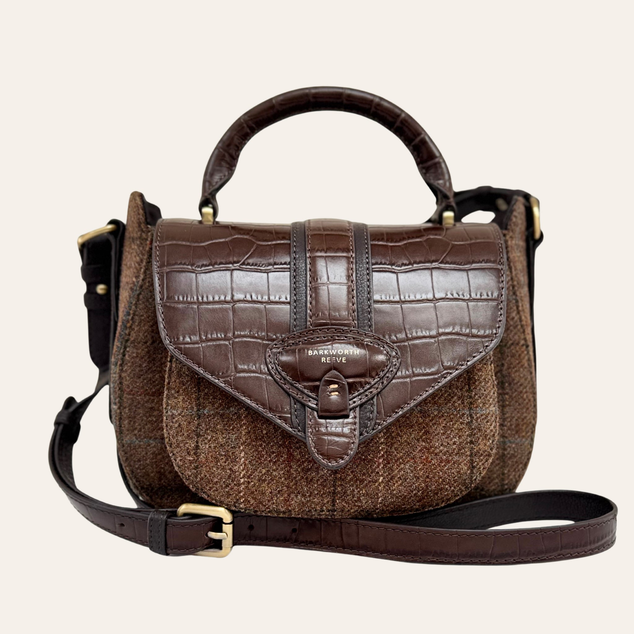 Belton Saddle Bag in Tweed & Chocolate Brown Croc Leather with Adjustable & Detachable Shoulder Strap