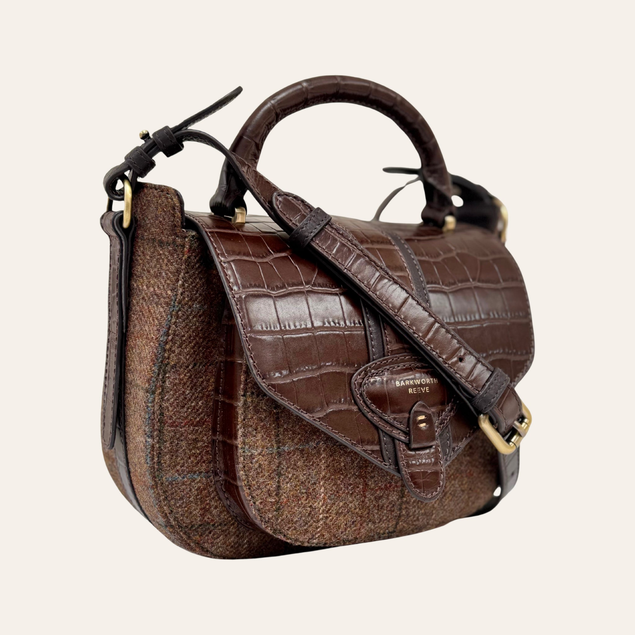 Belton Saddle Bag in Tweed & Chocolate Brown Croc Leather with Adjustable & Detachable Shoulder Strap
