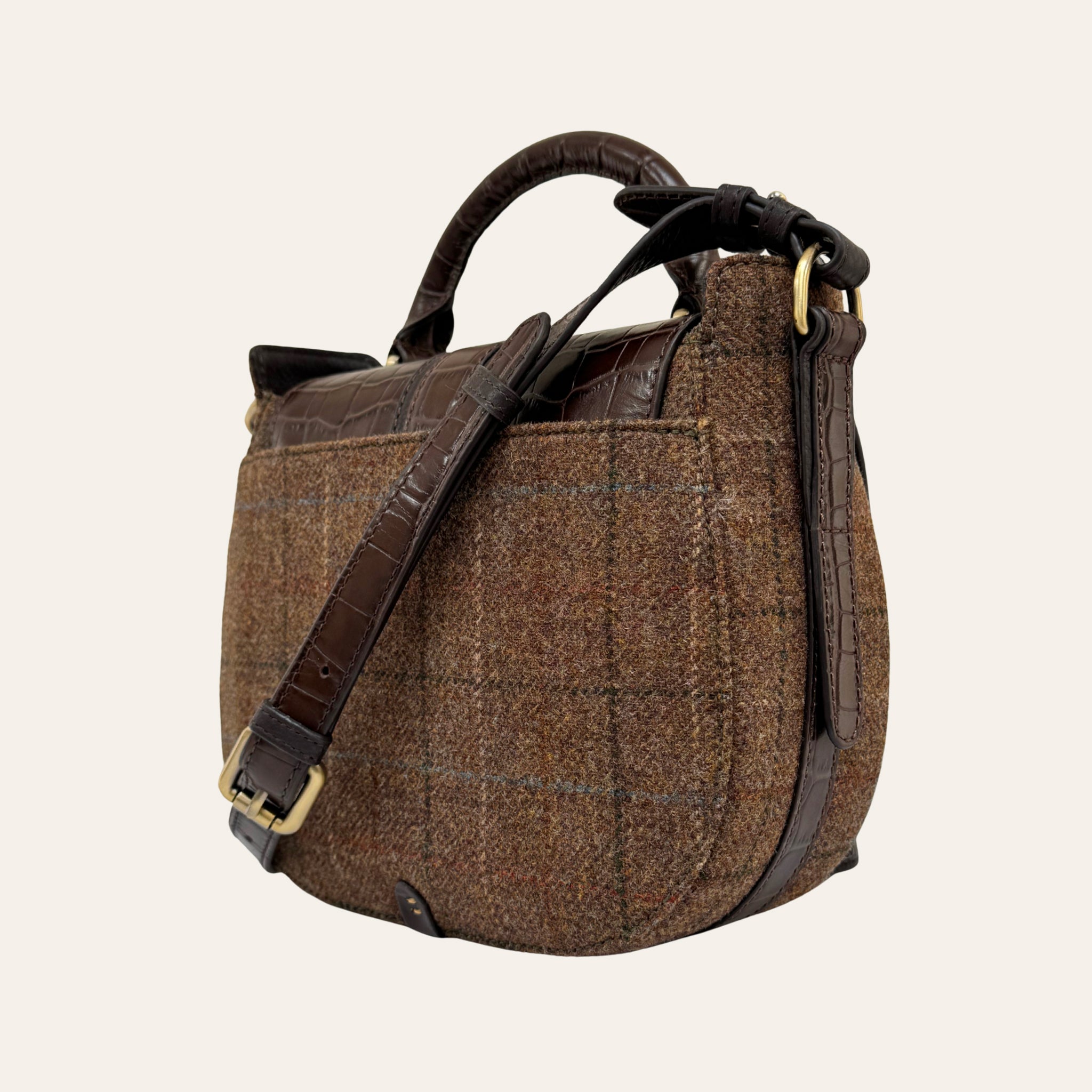 Belton Saddle Bag in Tweed & Chocolate Brown Croc Leather with Adjustable & Detachable Shoulder Strap
