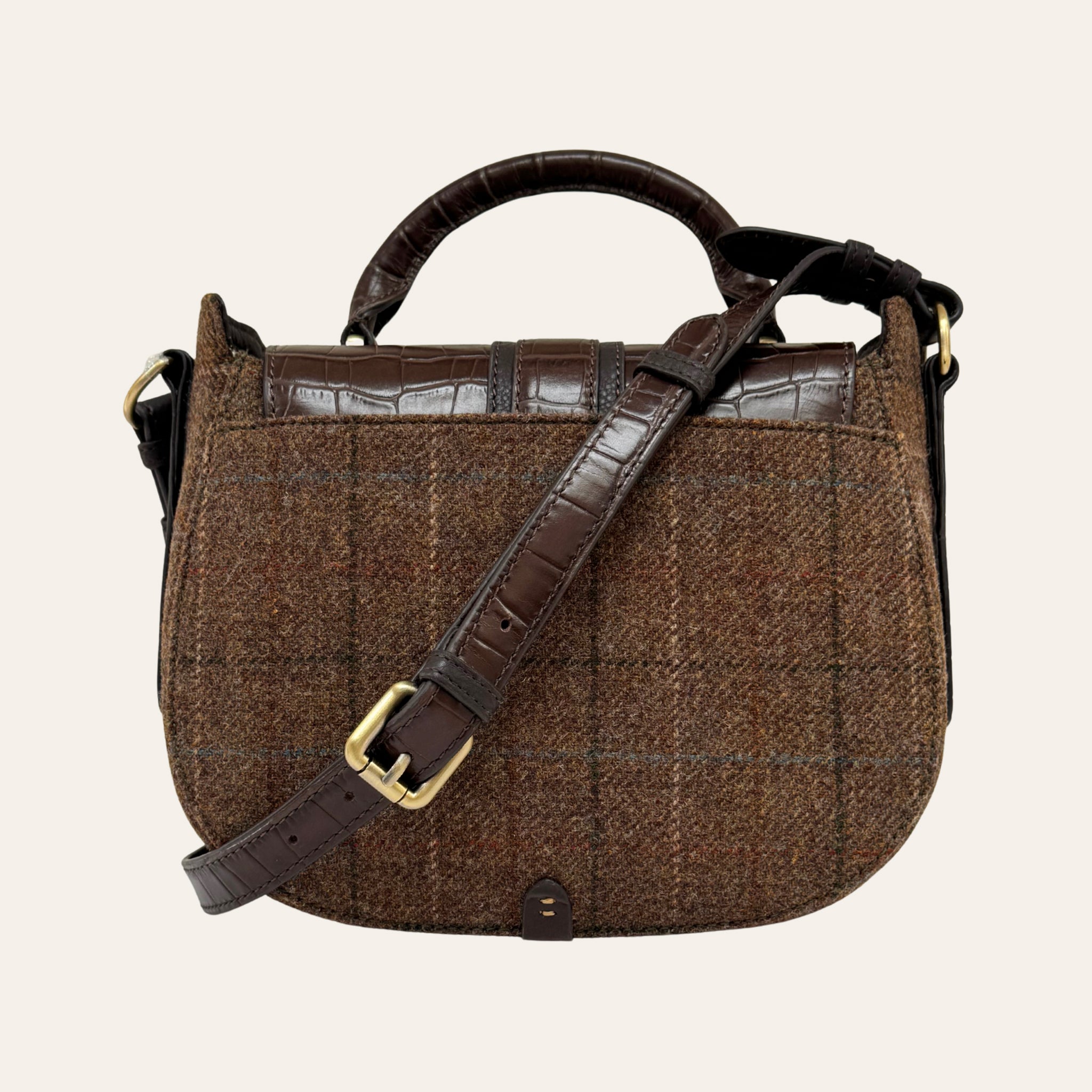 Belton Saddle Bag in Tweed & Chocolate Brown Croc Leather with Adjustable & Detachable Shoulder Strap