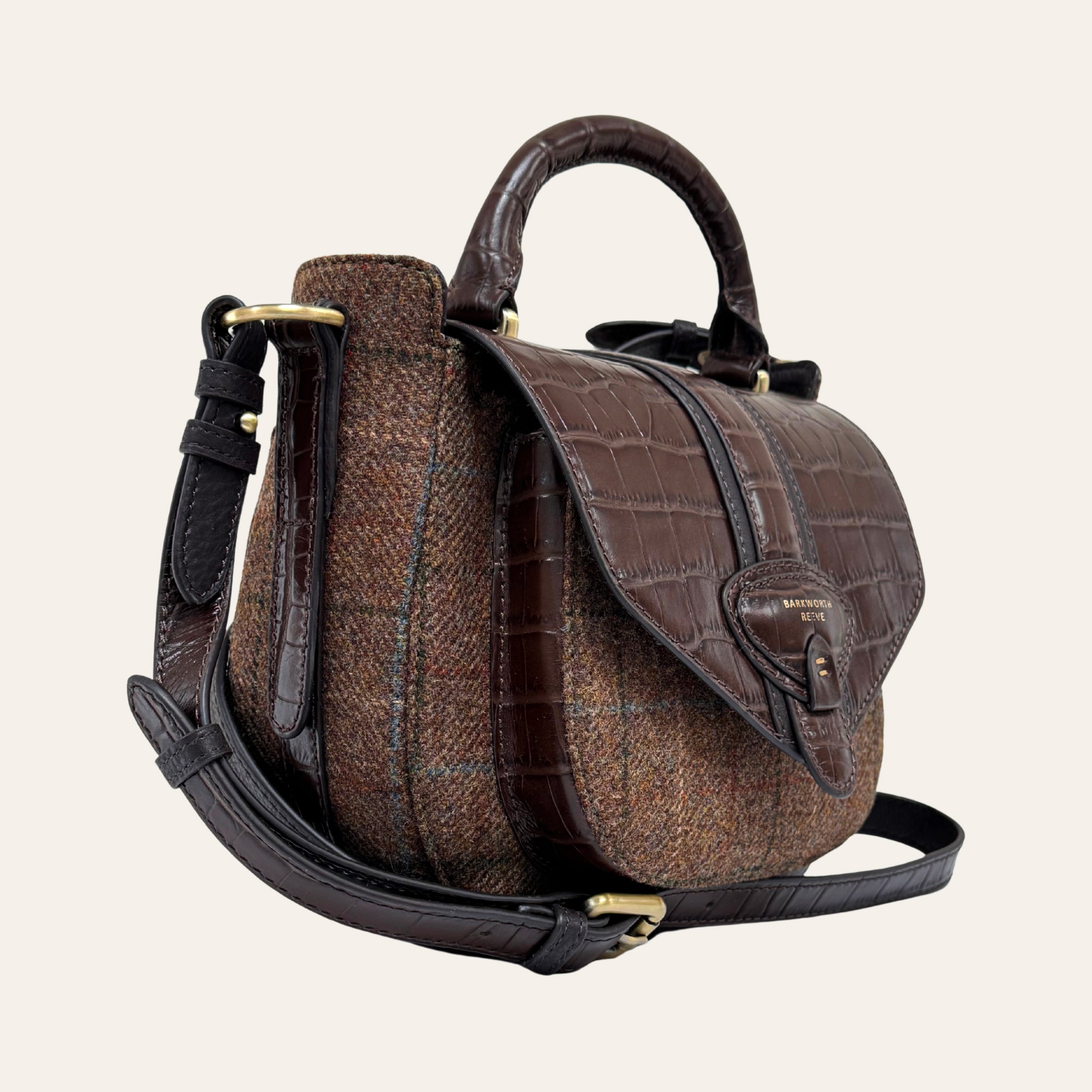 Belton Saddle Bag in Tweed & Chocolate Brown Croc Leather with Adjustable & Detachable Shoulder Strap
