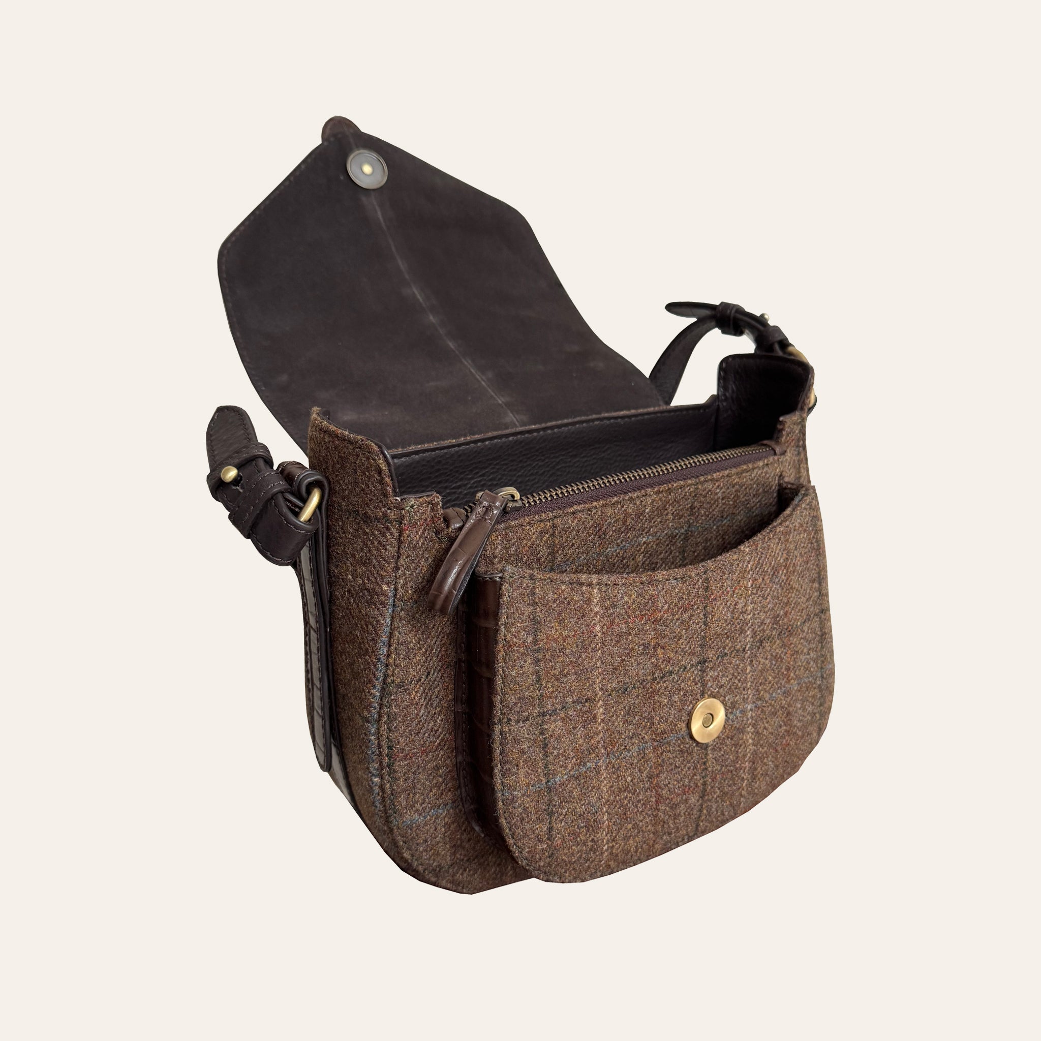 Belton Saddle Bag in Tweed & Chocolate Brown Croc Leather with Adjustable & Detachable Shoulder Strap