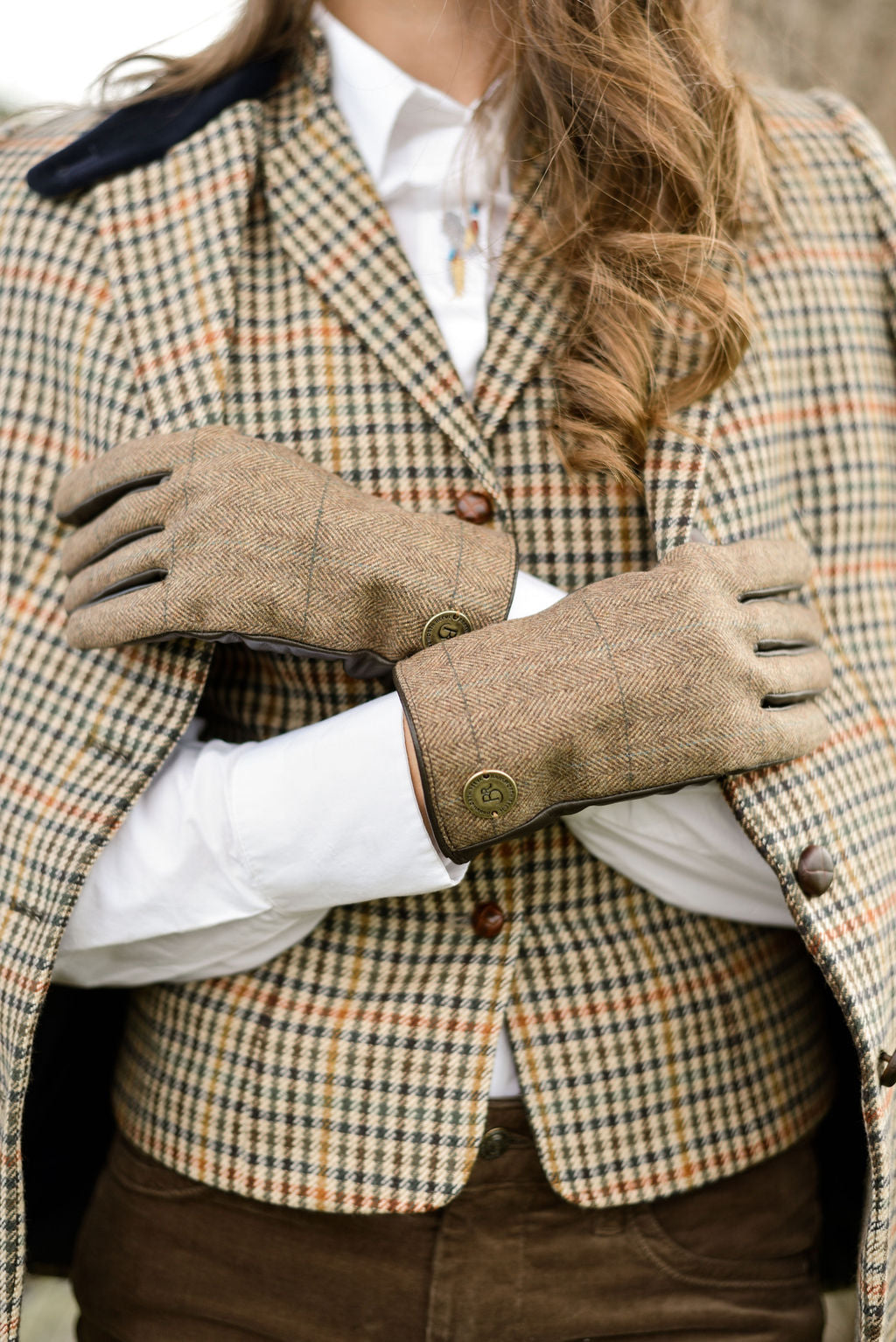 Ladies Tweed & Leather Gloves with Knitted Cashmere Mix Lining