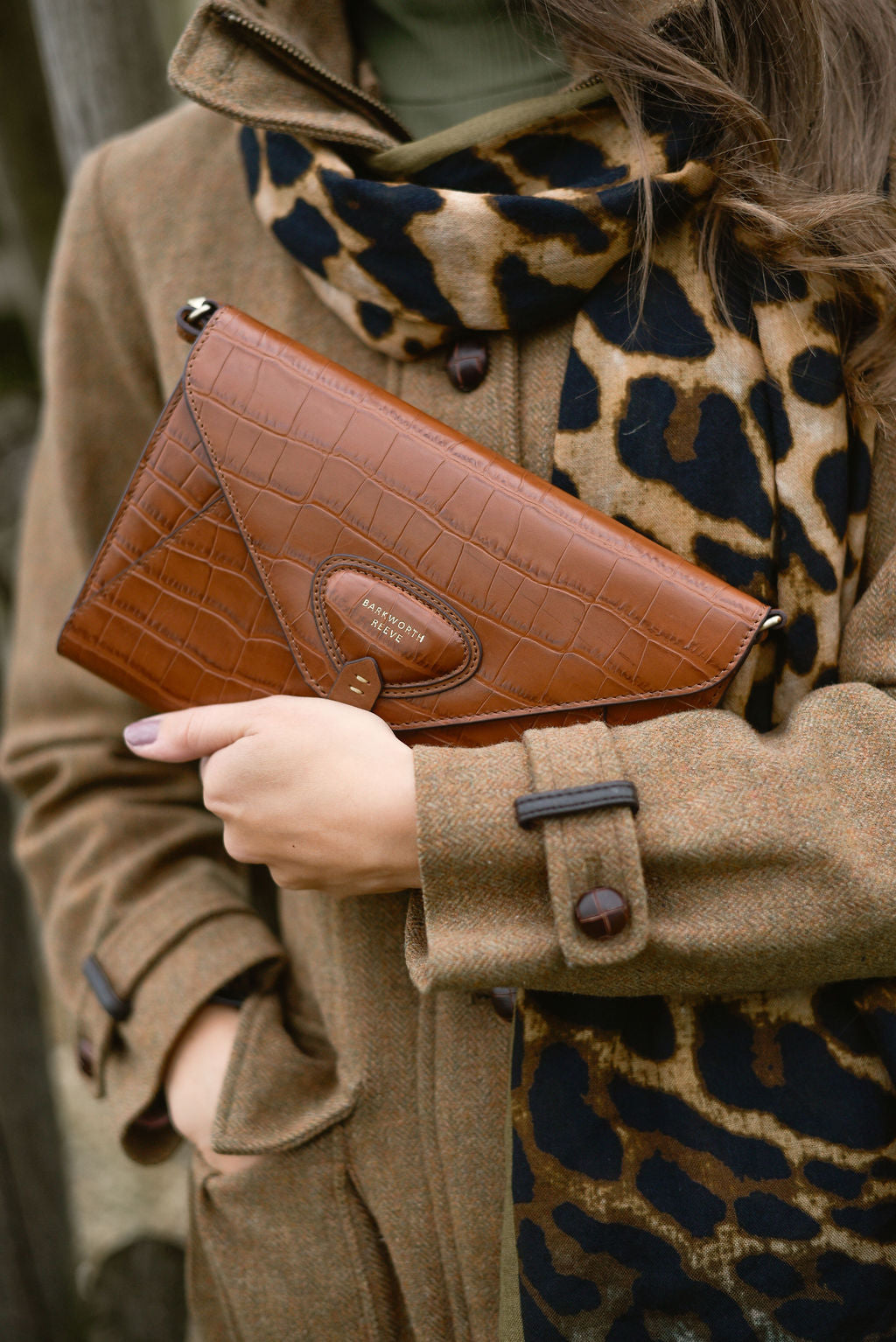Foxley Tan Croc Leather Clutch bag with Detachable Shoulder & Wrist Strap
