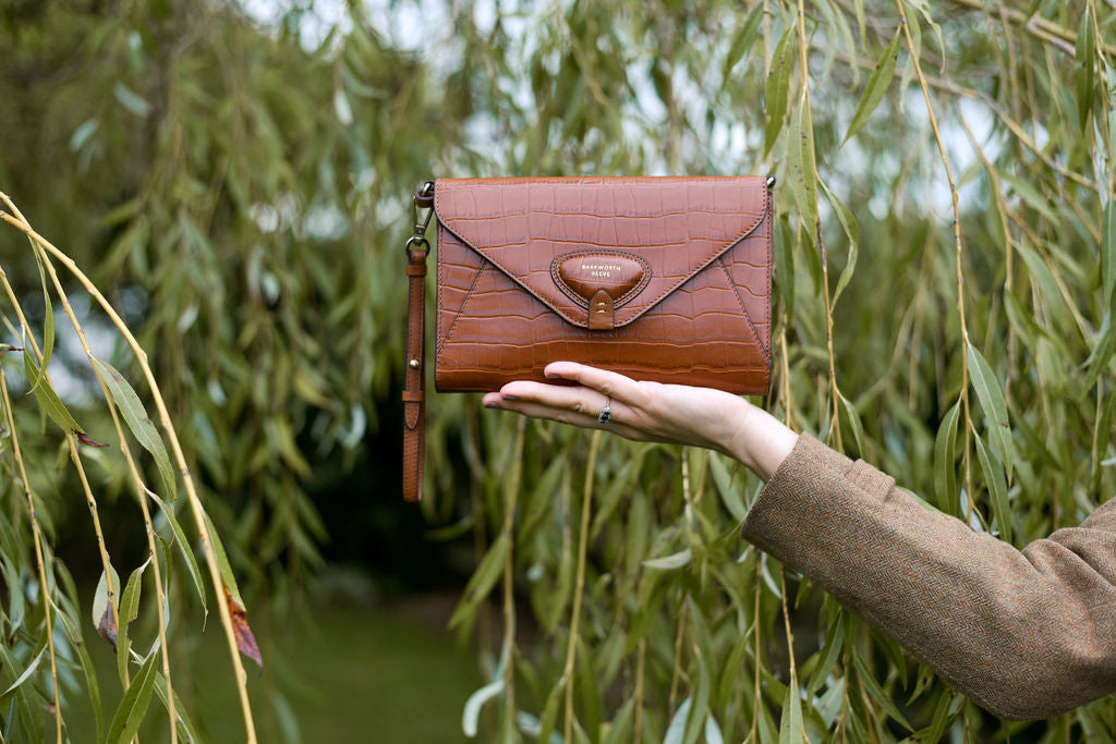 Foxley Tan Croc Leather Clutch bag with Detachable Shoulder & Wrist Strap