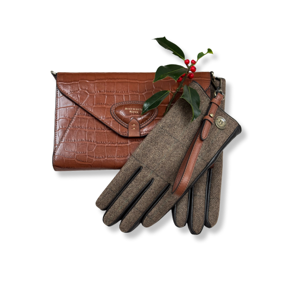 Foxley Clutch Bag and Tweed & Leather Gloves