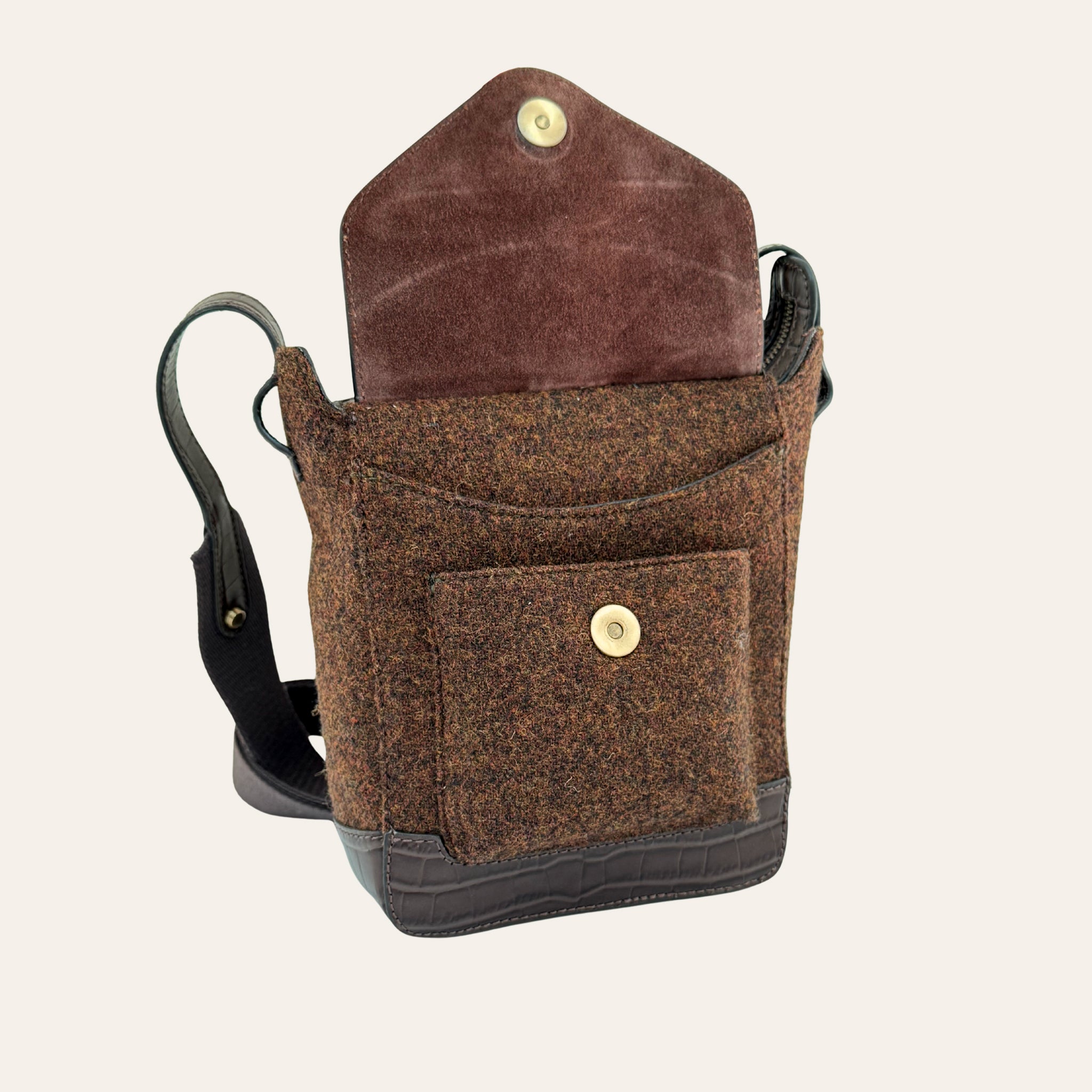 Hackthorn Tweed and Croc Leather Crossbody Bag with Adjustable Webbing Strap