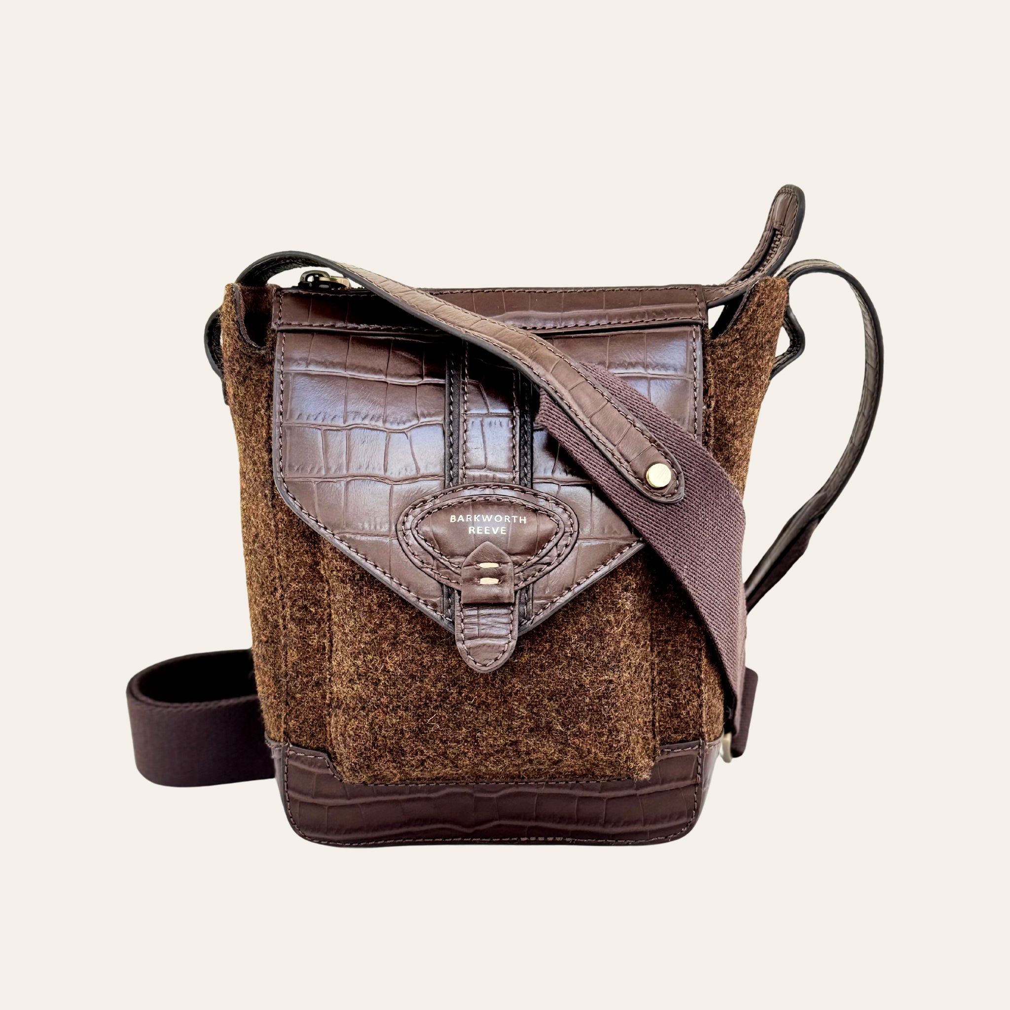 Hackthorn Tweed and Croc Leather Crossbody Bag with Adjustable Webbing Strap