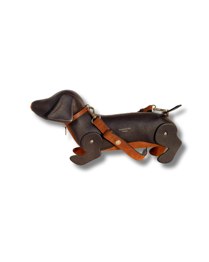 Chocolate Leather sausage dog handbag with leather strap