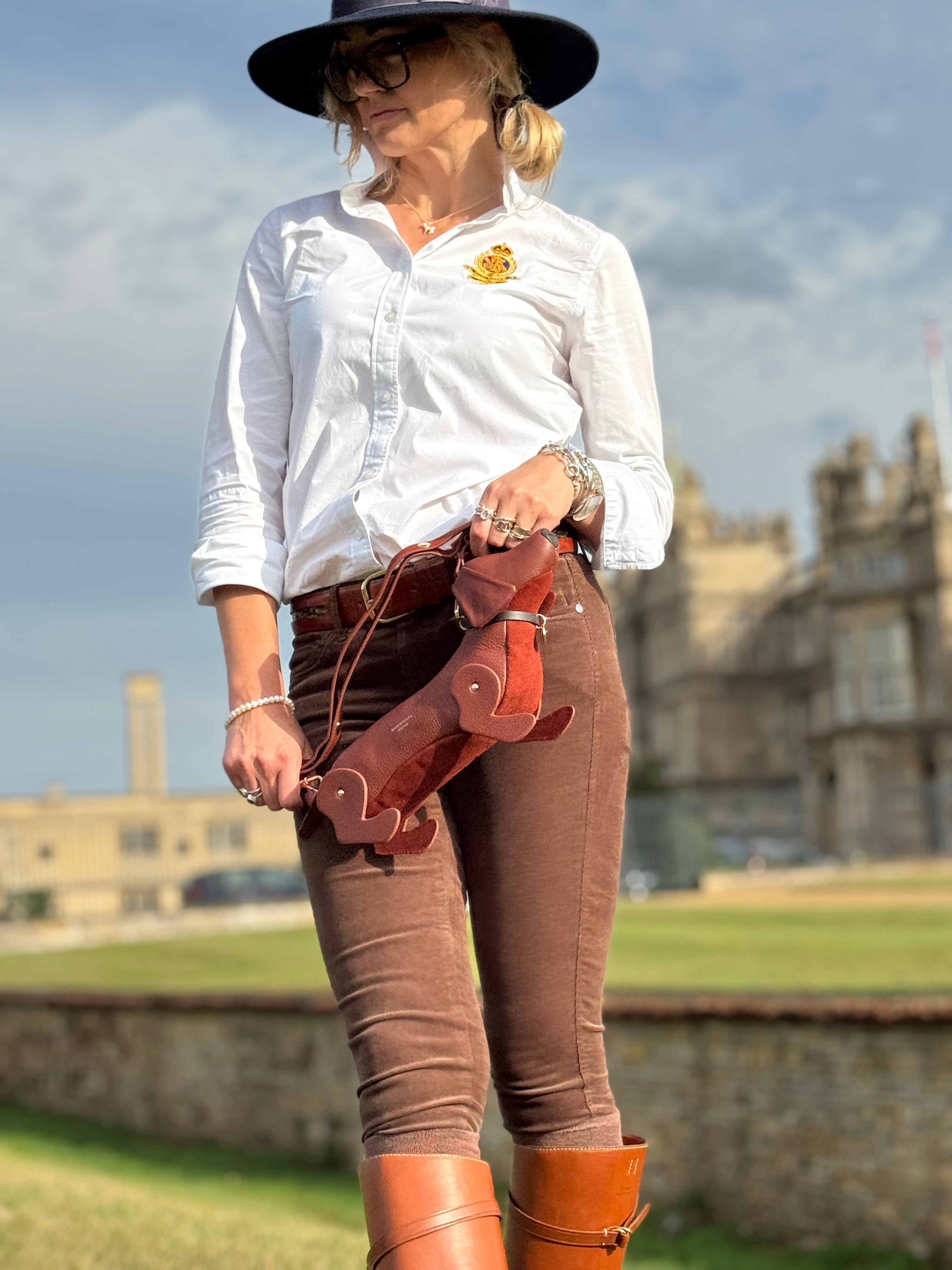 Hugo; Sausage Dog Bag with Detachable Cross Body Strap in Conker Leather & Suede