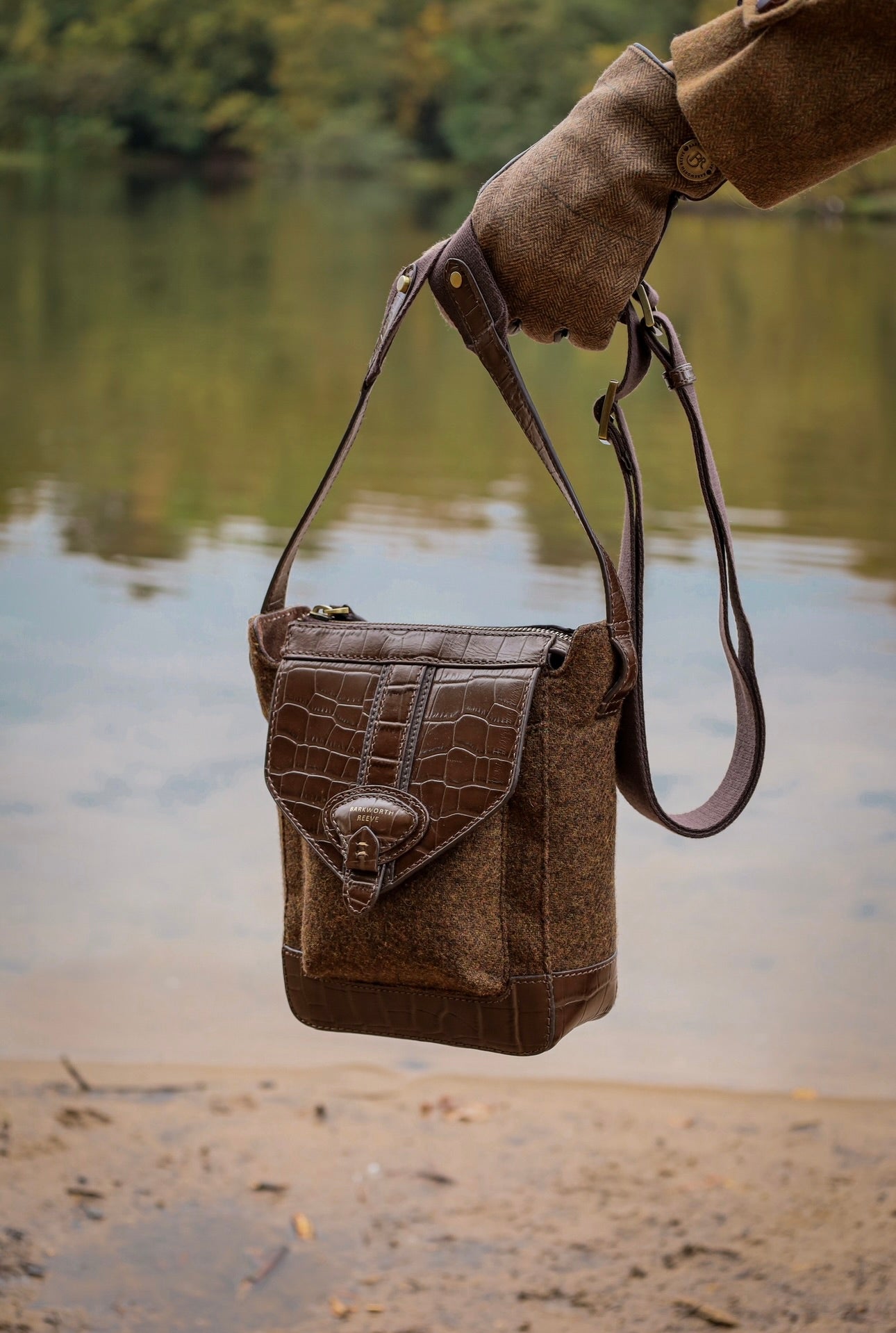 Hackthorn Tweed and Croc Leather Crossbody Bag with Adjustable Webbing Strap