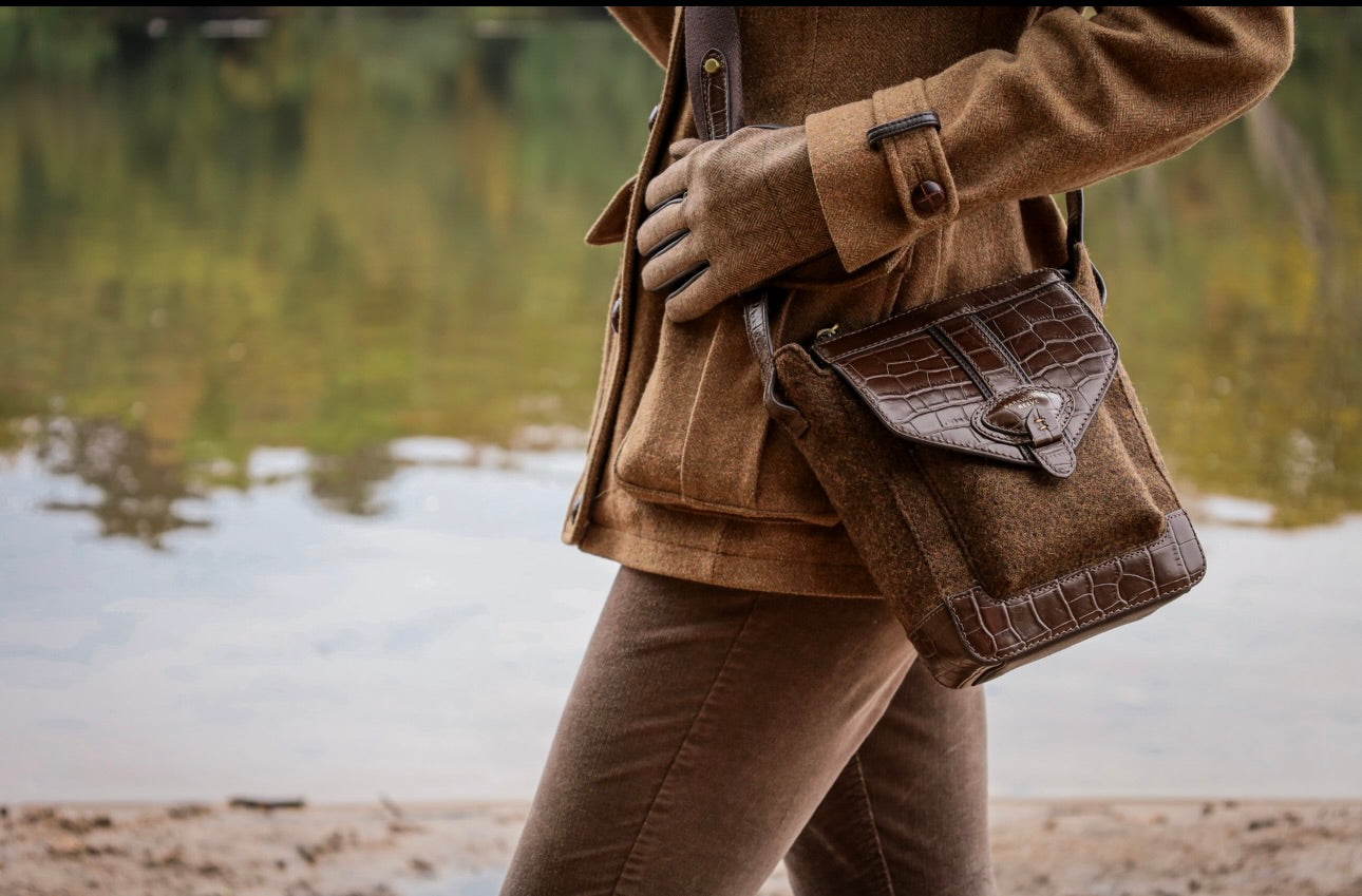 Hackthorn Tweed and Croc Leather Crossbody Bag with Adjustable Webbing Strap