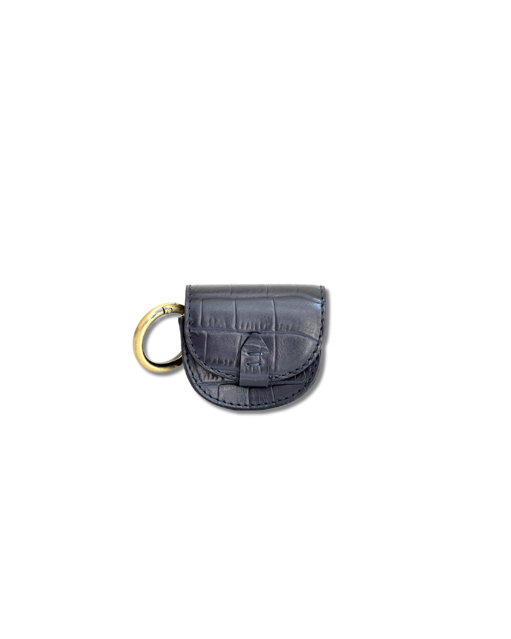 Mini Pouch Kerying in Navy Croc Leather with Popper Closure and gold spring hoop