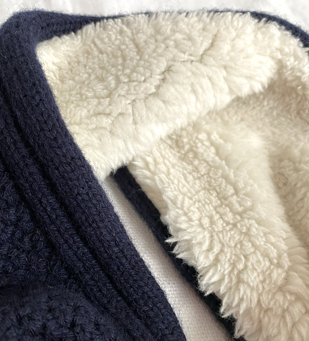 Knitted Headband in Navy Blue Cashmere Mix Yarn, Fully Teddy Fleece Lined