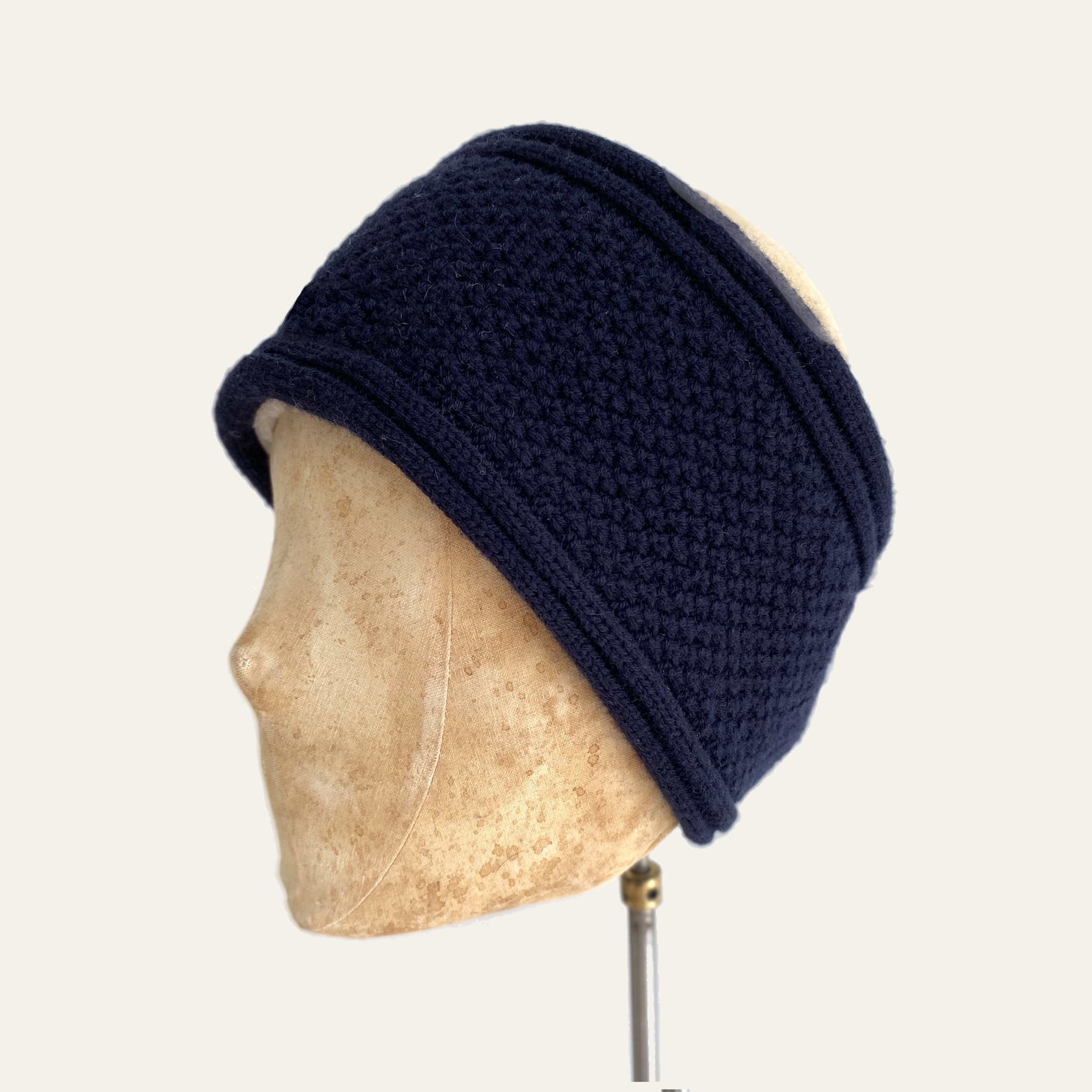 Knitted Headband in Navy Blue Cashmere Mix Yarn, Fully Teddy Fleece Lined