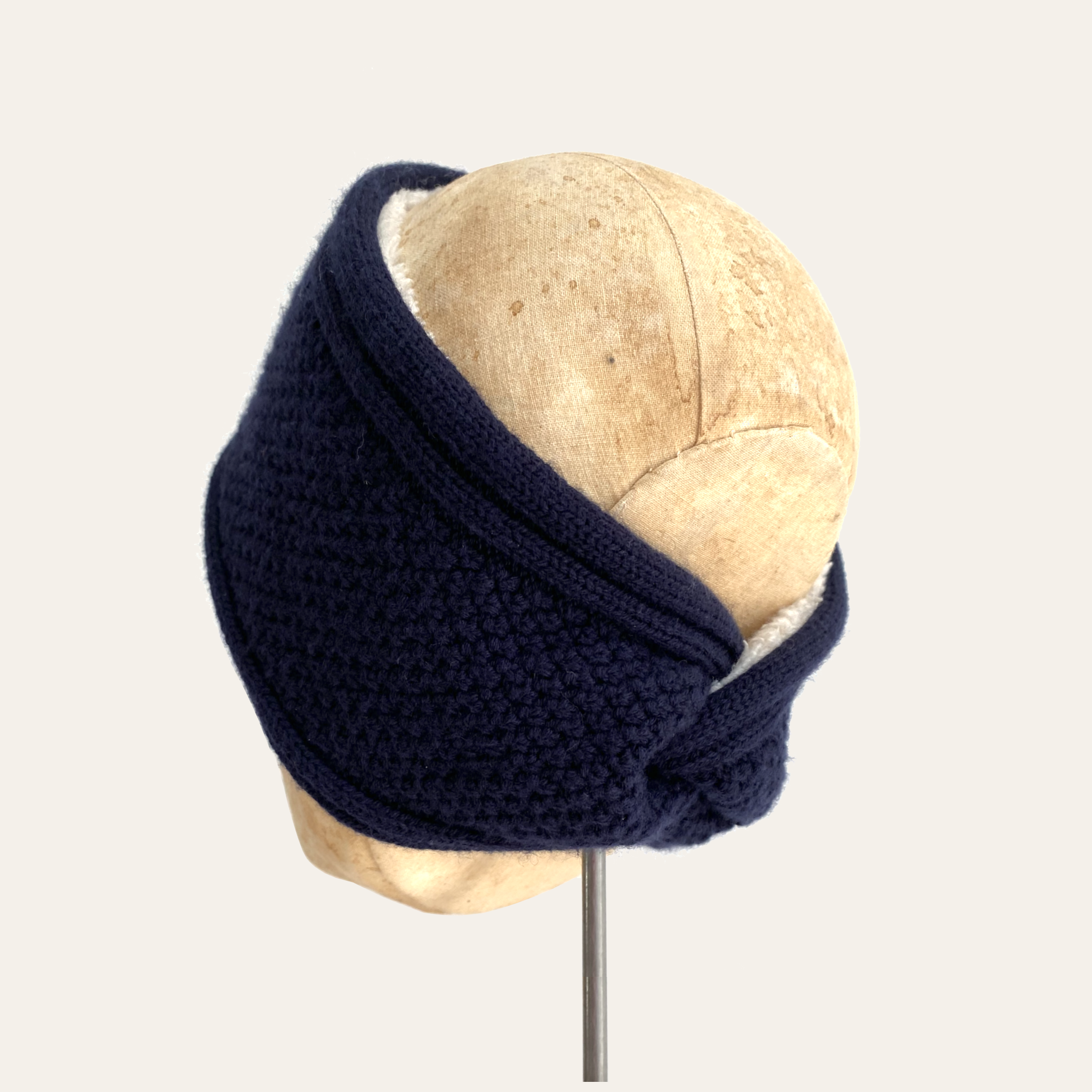 Knitted Headband in Navy Blue Cashmere Mix Yarn, Fully Teddy Fleece Lined