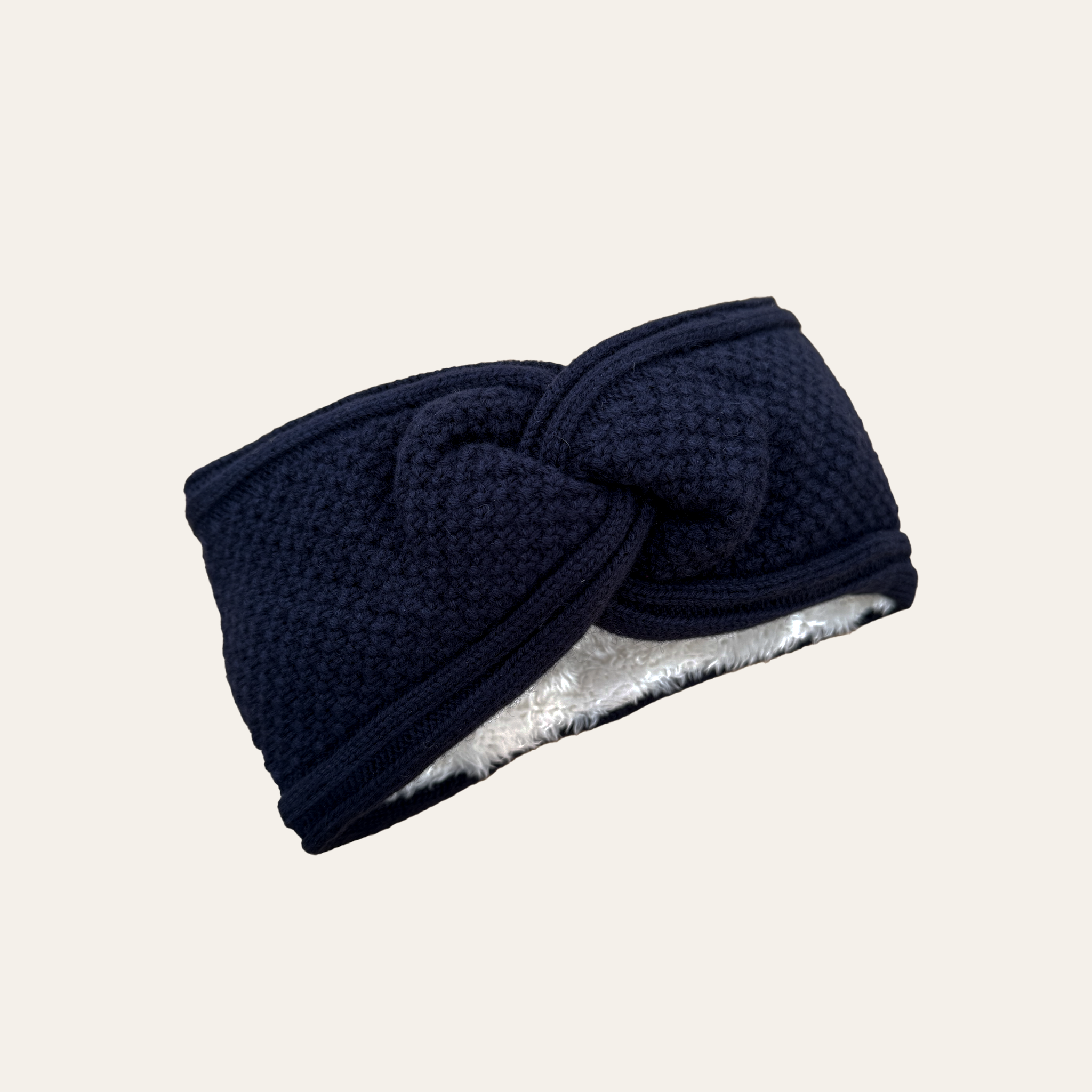 Knitted Headband in Navy Blue Cashmere Mix Yarn, Fully Teddy Fleece Lined
