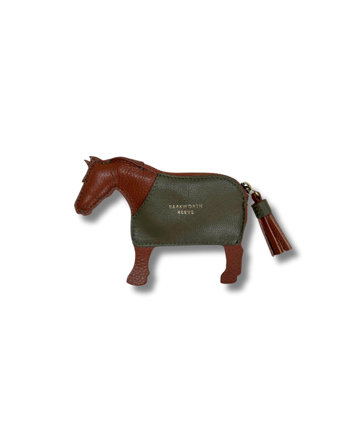 chectnut pony purse with green coat and a matching chestnut tail
