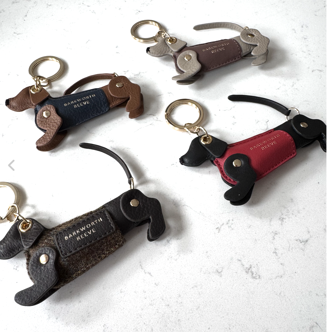 Sausage Dog Keyring in Chocolate Leather & Brown Country Tweed