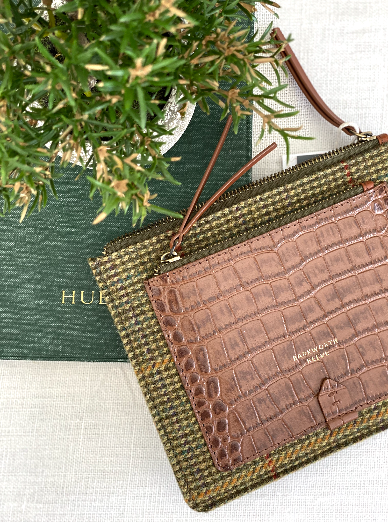 Nettleham Zipped Pouch in Green Tweed With Croc Leather Trim