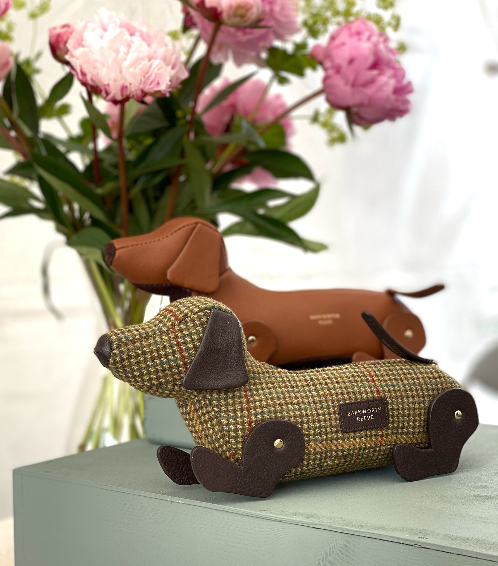 Sausage Dog Zipped Case in Green Tweed with Chocolate Brown Leather Details