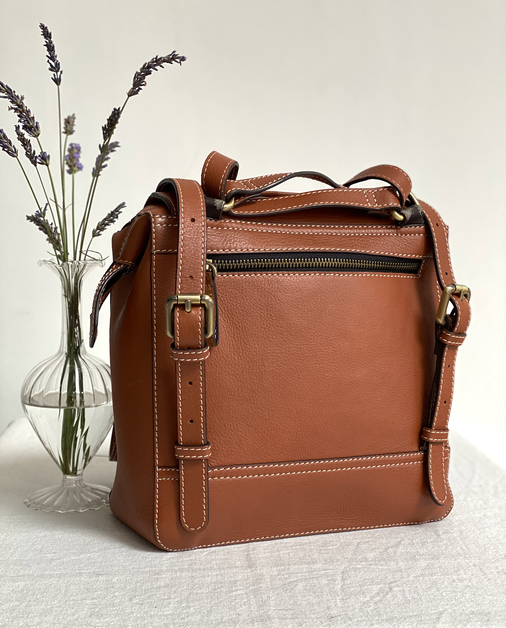 Bramham Frame Top Rucksack in Tan Leather with Adjustable Shoulder Straps