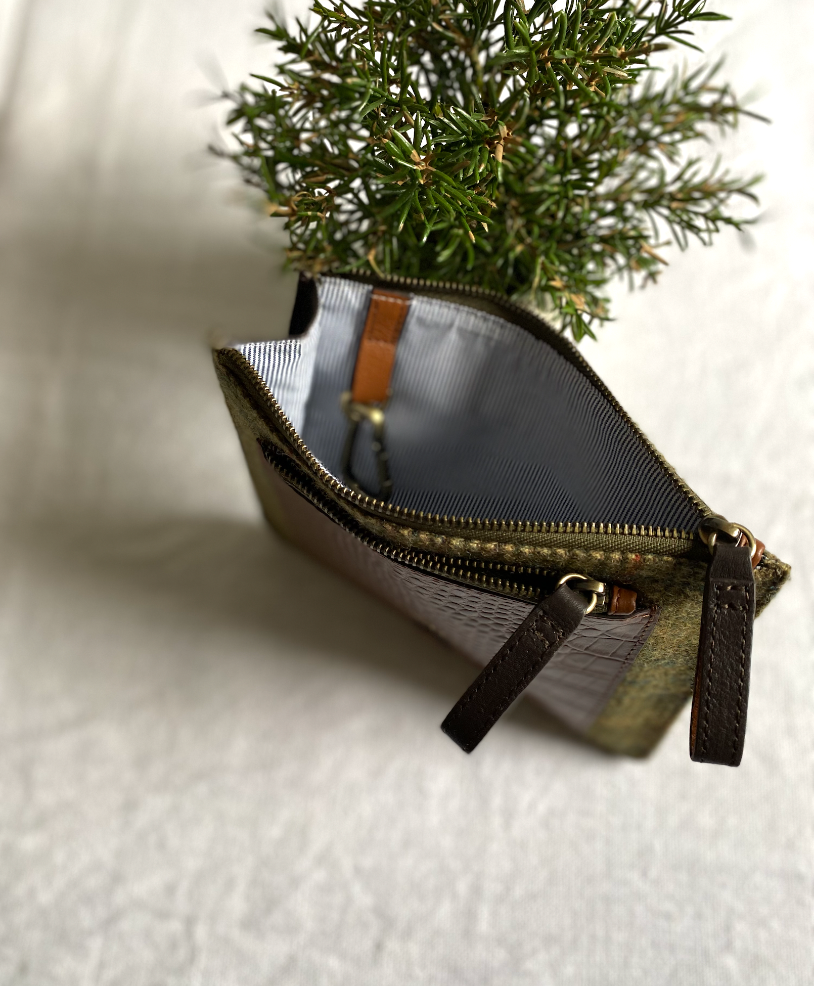 Nettleham Zipped Pouch in Green Tweed With Croc Leather Trim