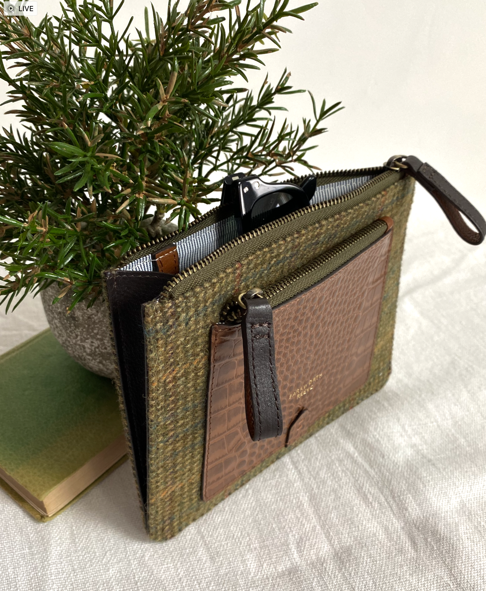 Nettleham Zipped Pouch in Green Tweed With Croc Leather Trim