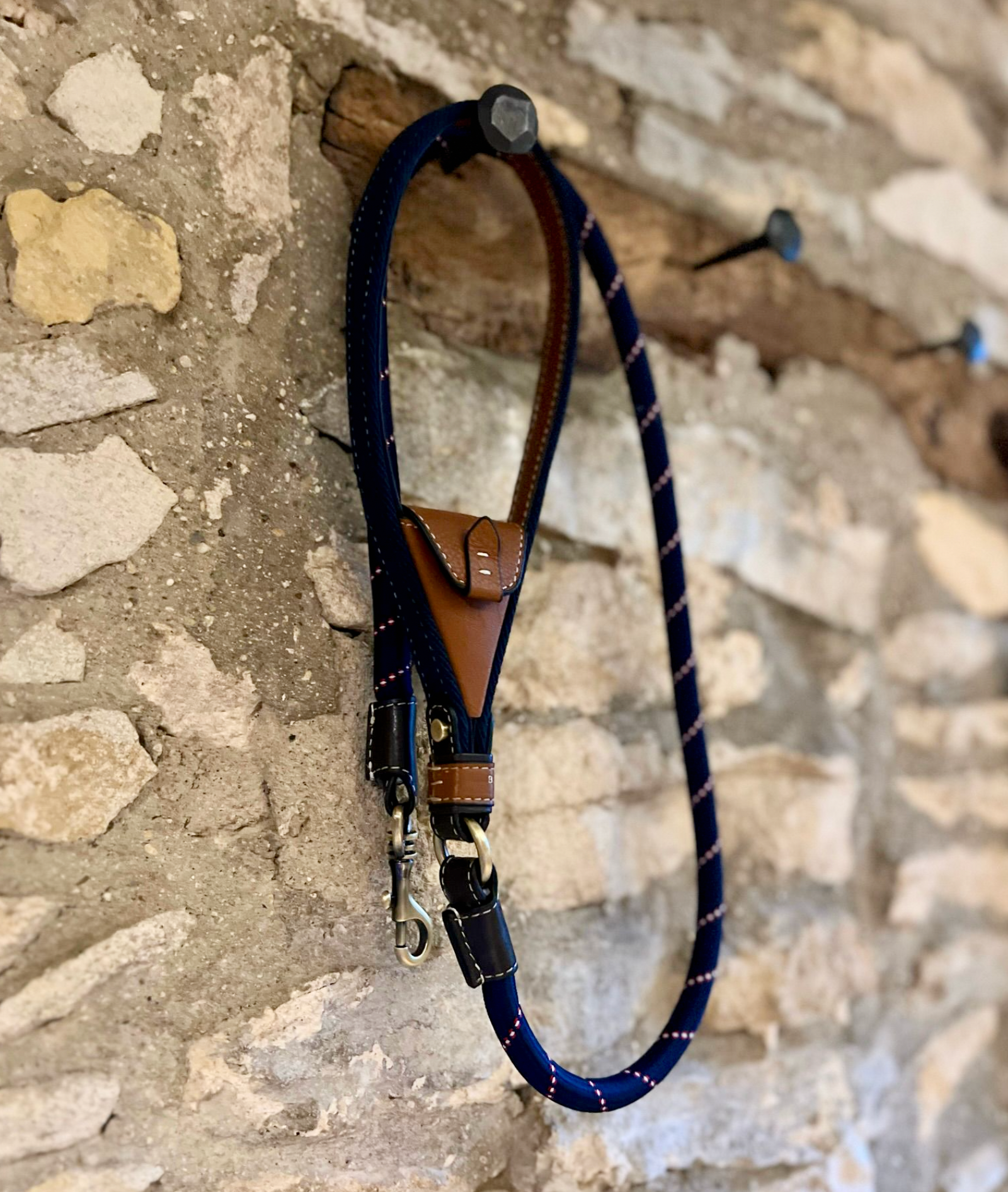 Clip Dog Lead In Navy & Tan Leather with Intergrated Poo Bag Holder