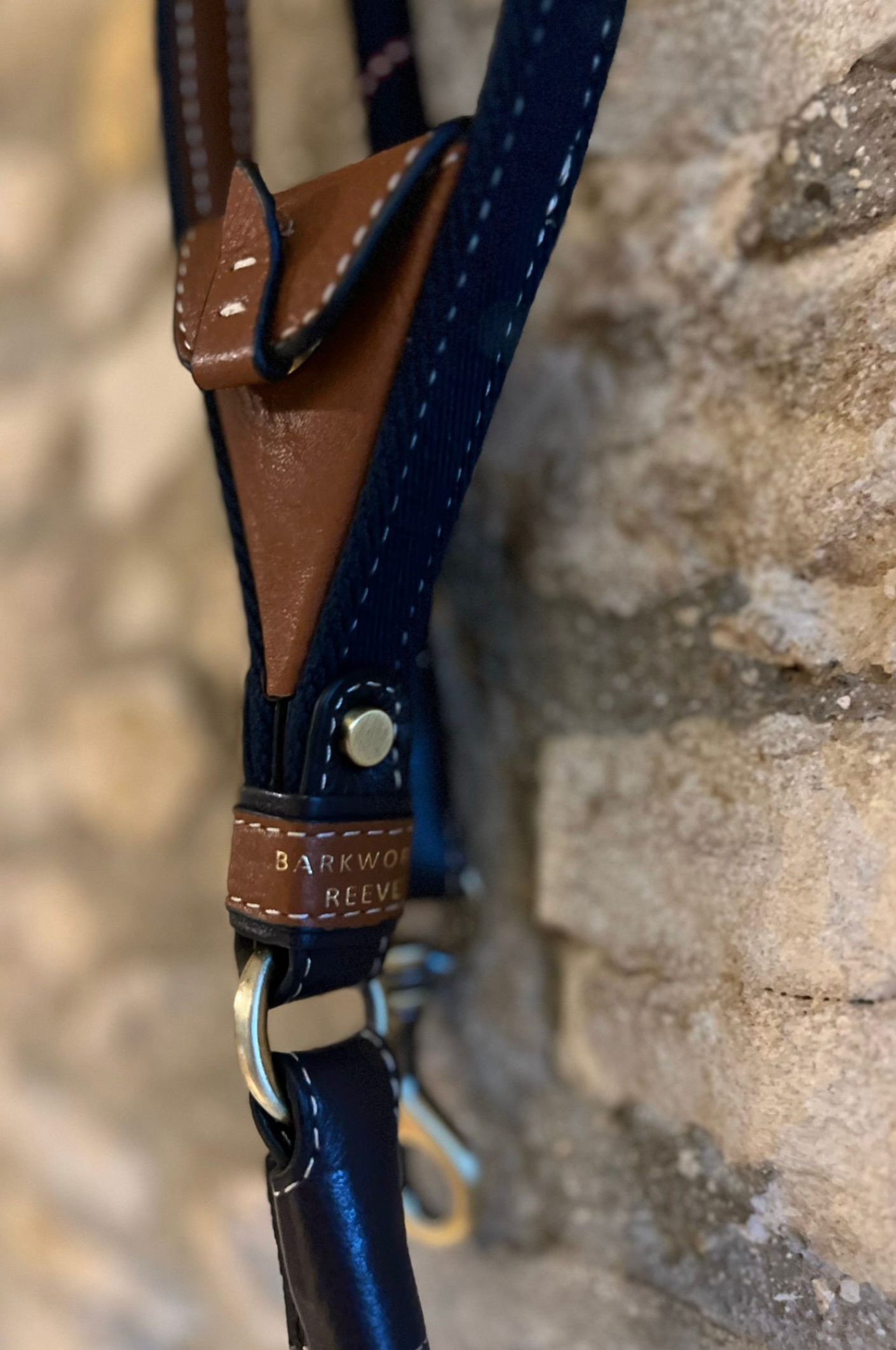 Clip Dog Lead In Navy & Tan Leather with Intergrated Poo Bag Holder