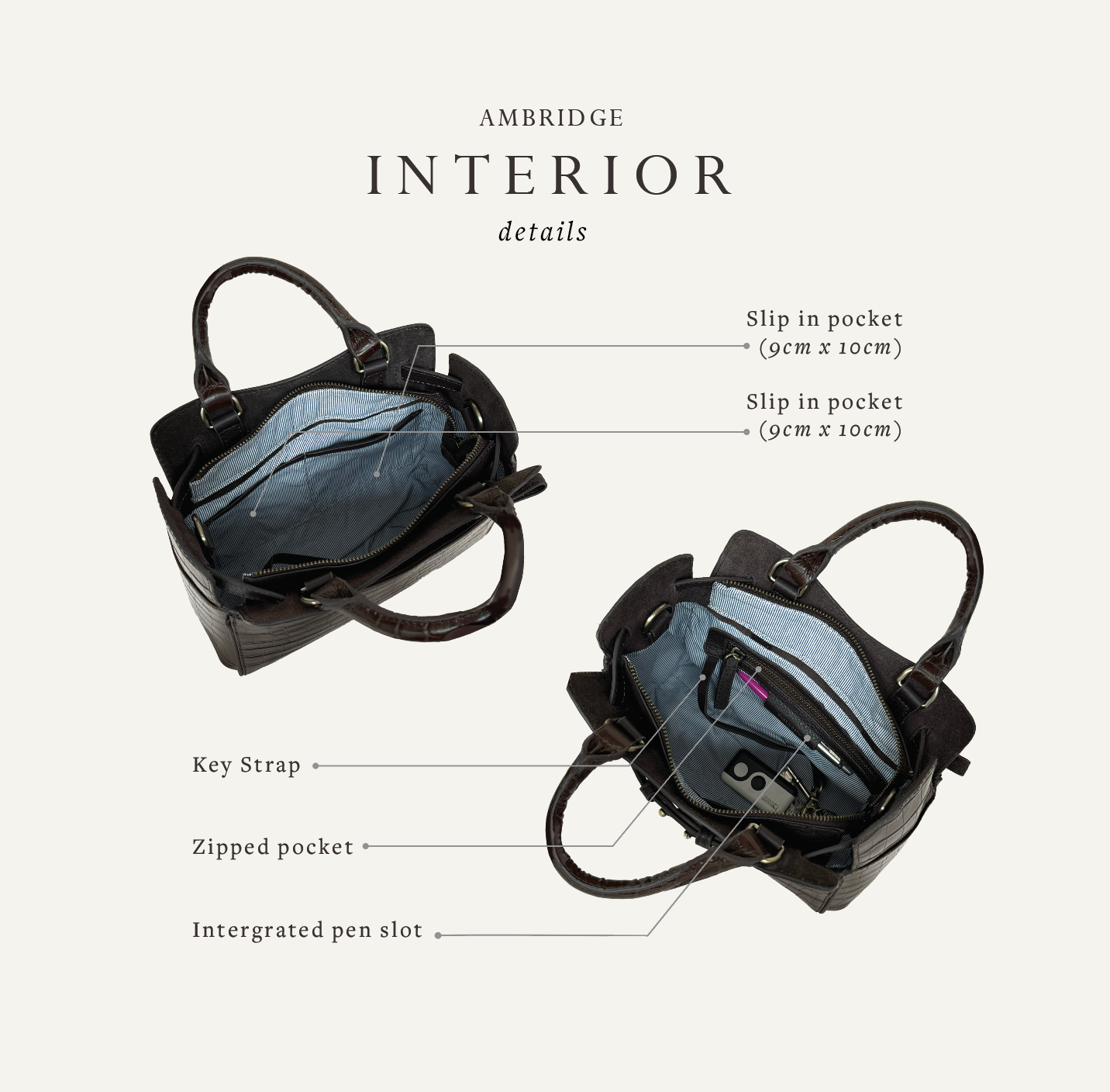 Ambridge Chocolate Leather Handheld Bag with Detachable Shoulder Strap