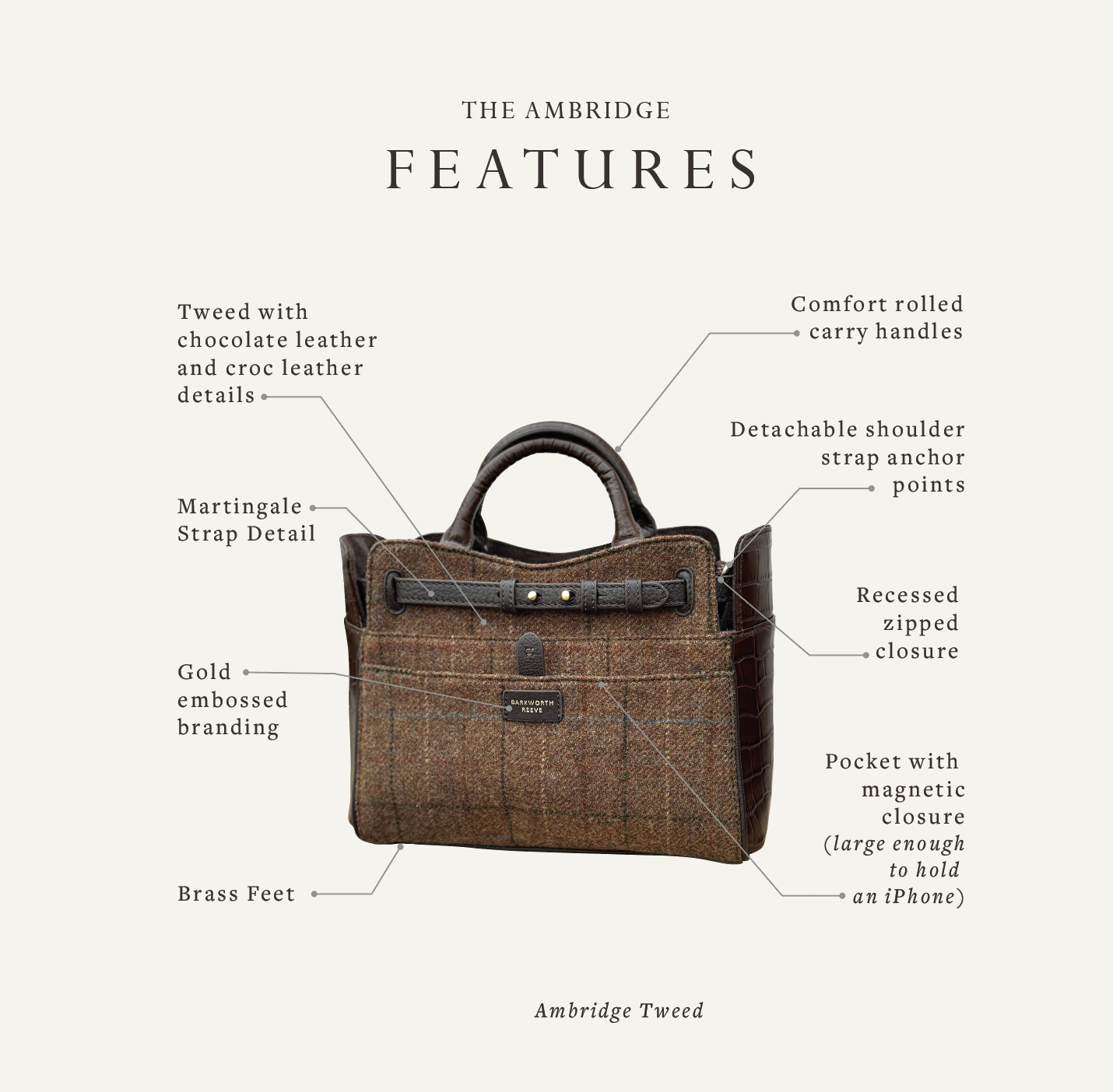 Ambridge Tweed & Chocolate Brown Croc Leather Handheld Bag with Detachable Shoulder Strap