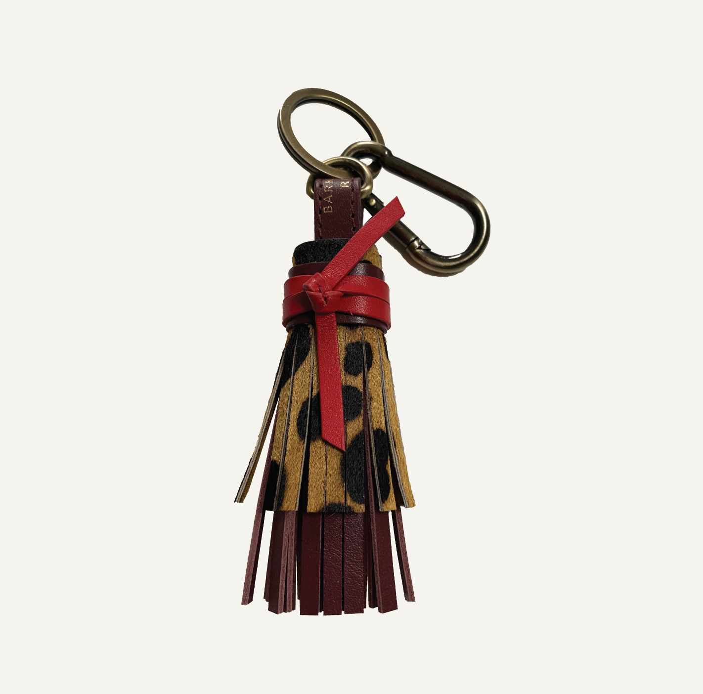Tassel Keyring in Leopard Leather with Red & Deep Merlot Red