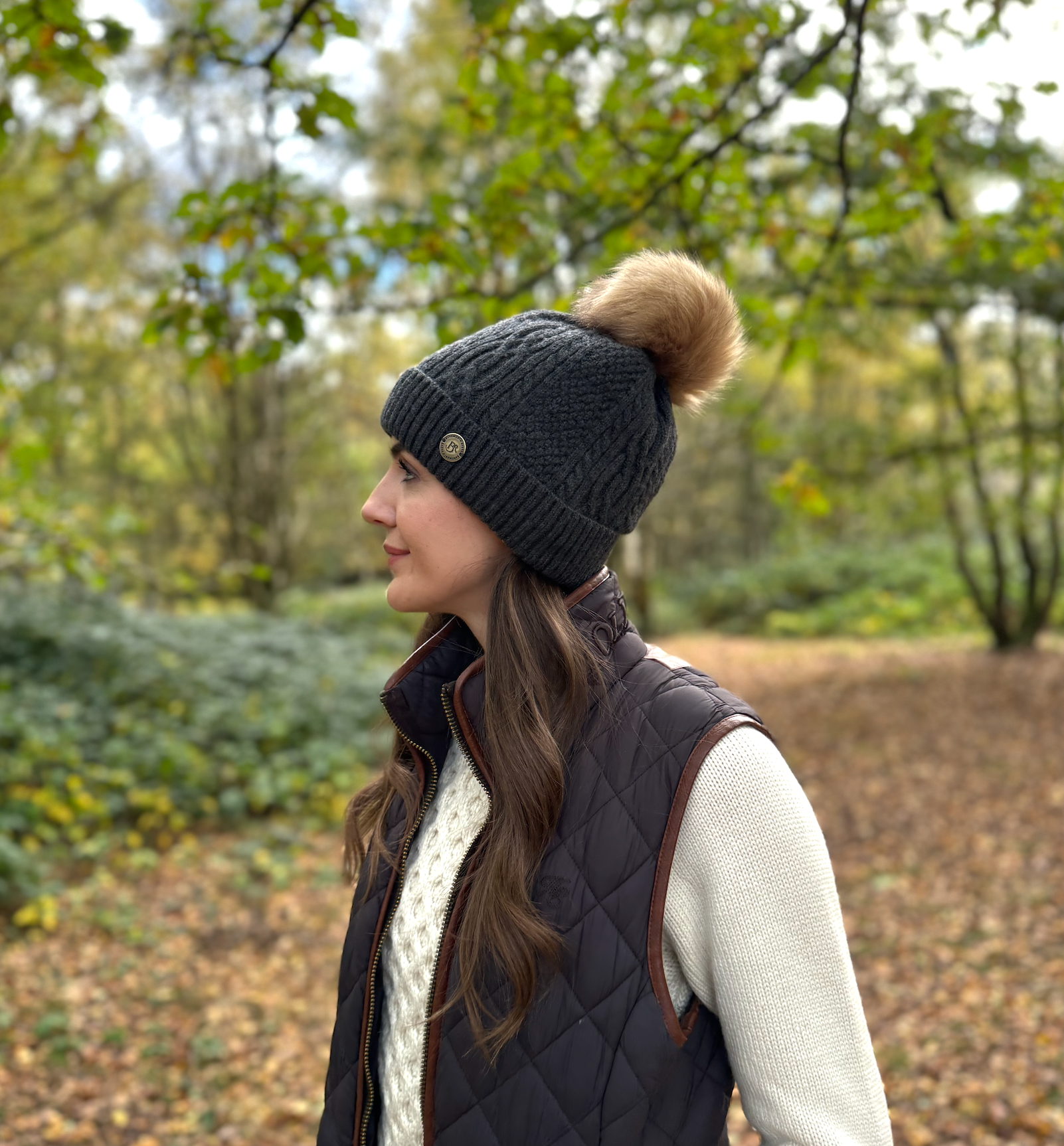 Knitted Bobble Hat in Dark Charcoal Grey Cashmere Mix Yarn, Fully Teddy Fleece Lined