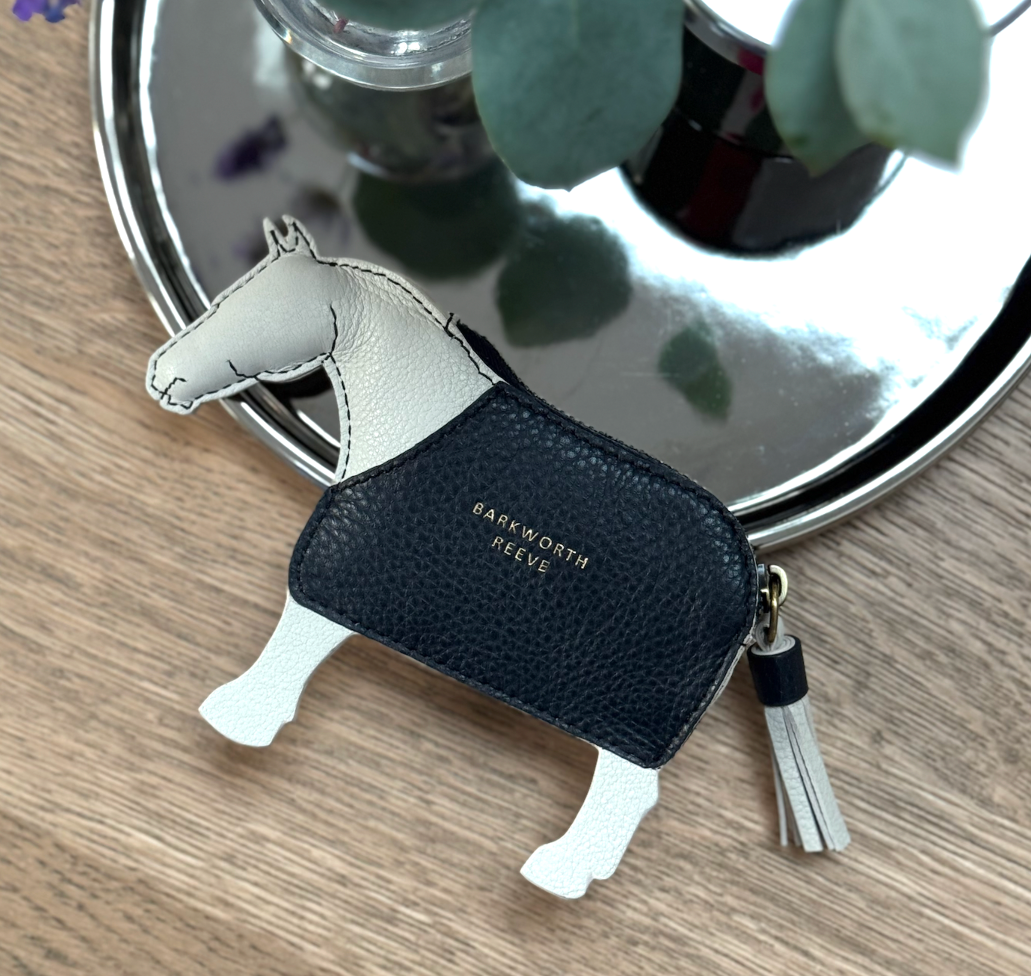Leather Pony Coin Purse: Grey with Navy Rug and Zip Closure