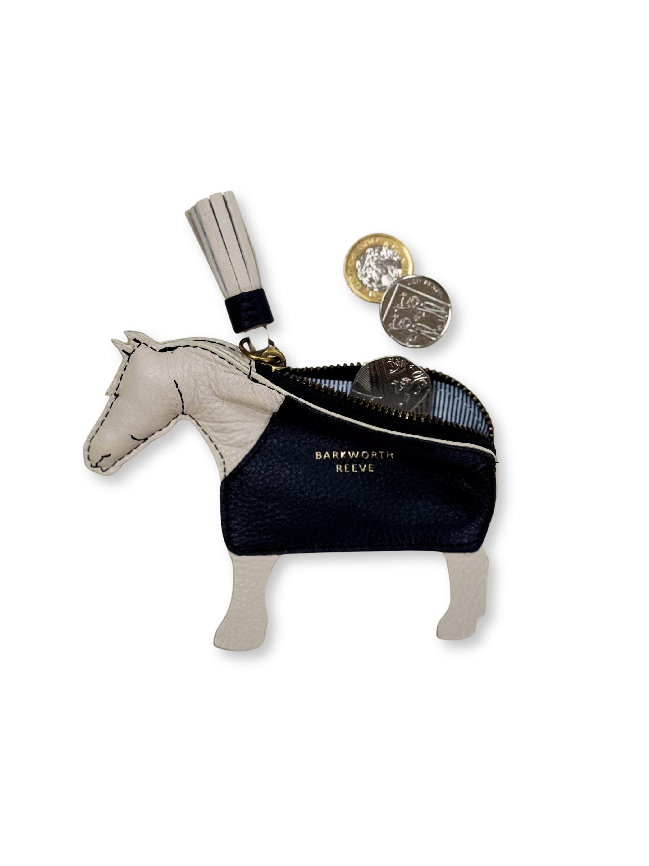 Leather Pony Coin Purse: Grey with Navy Rug and Zip Closure