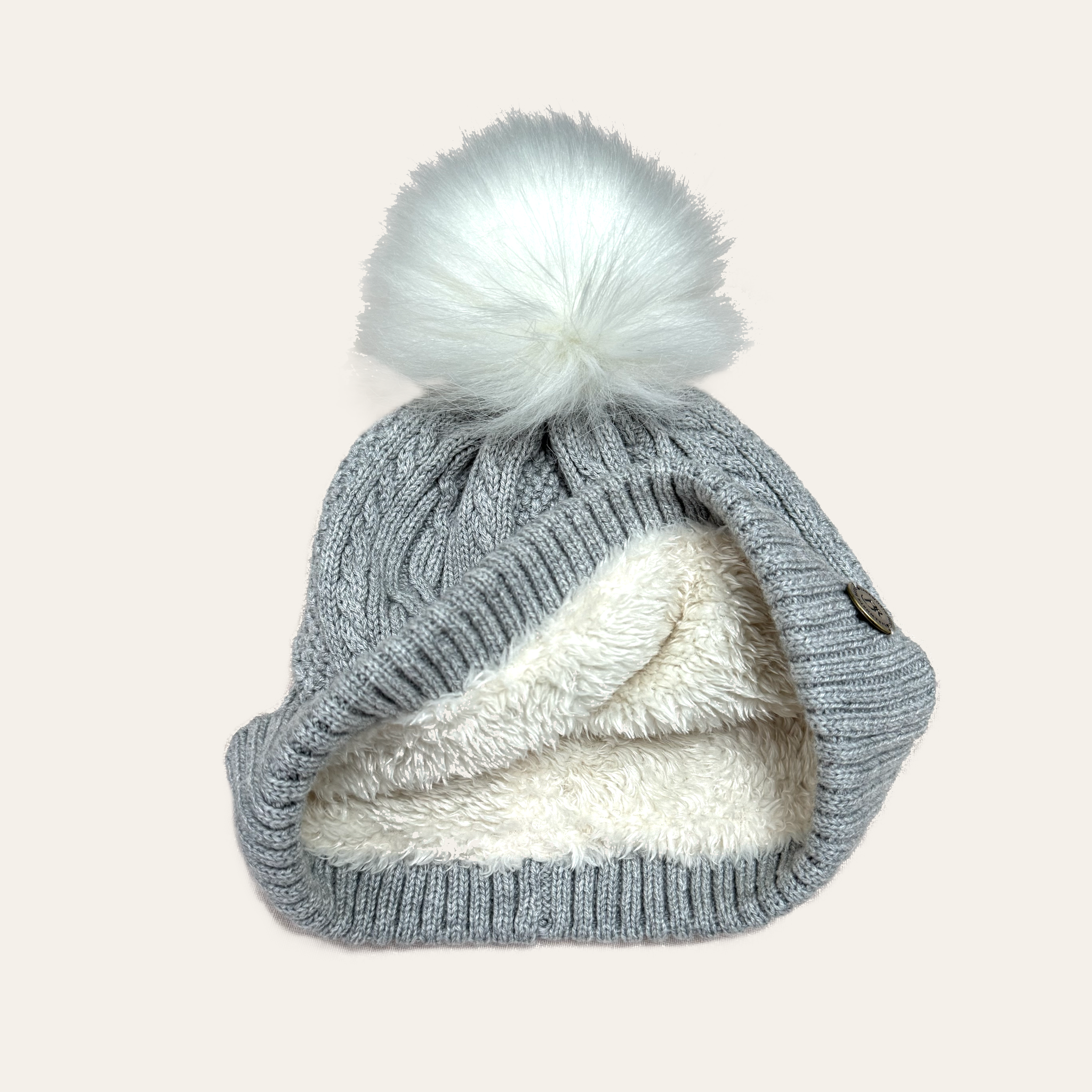 Knitted Bobble Hat in Light Grey Marl Cashmere Mix Yarn, Fully Teddy Fleece Lined