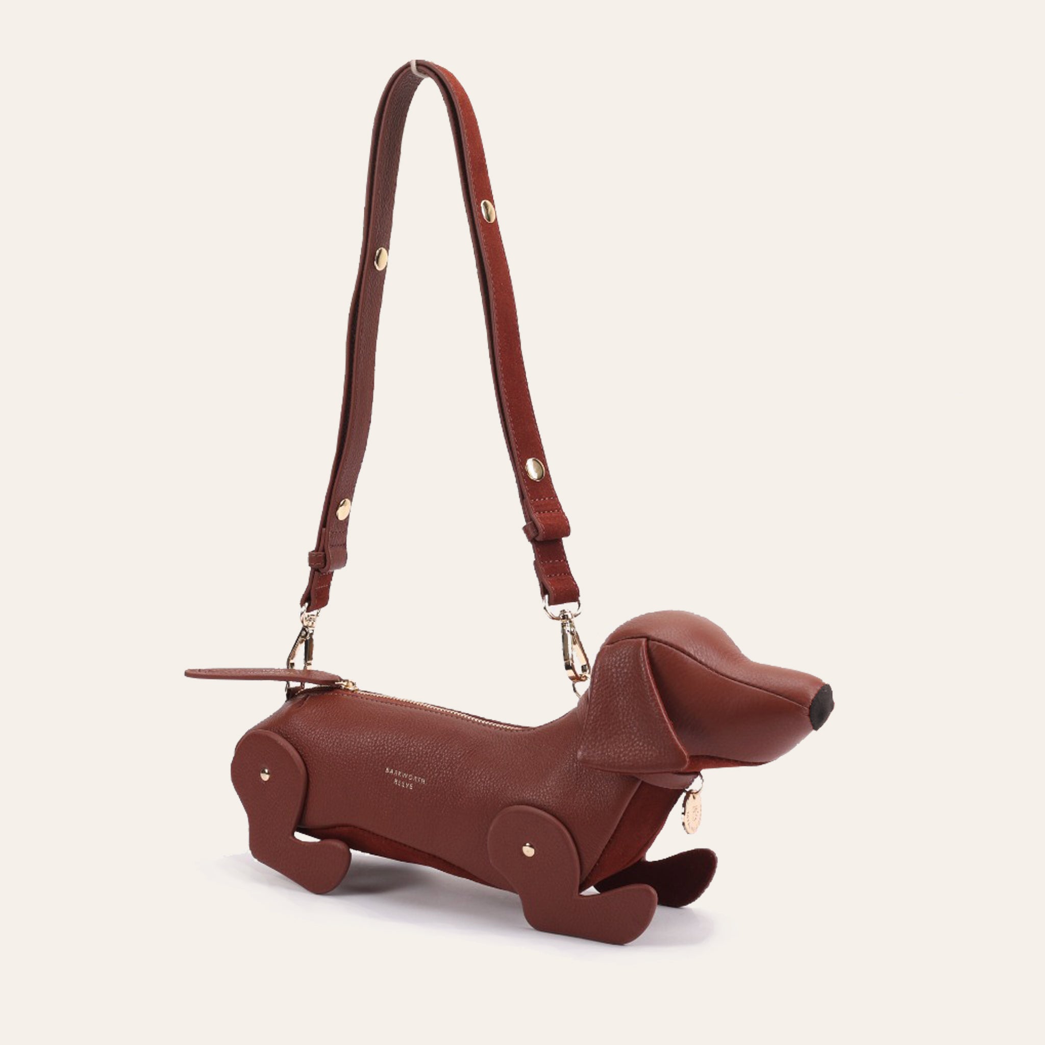 Hugo; Sausage Dog Bag with Detachable Cross Body Strap in Conker Leather & Suede