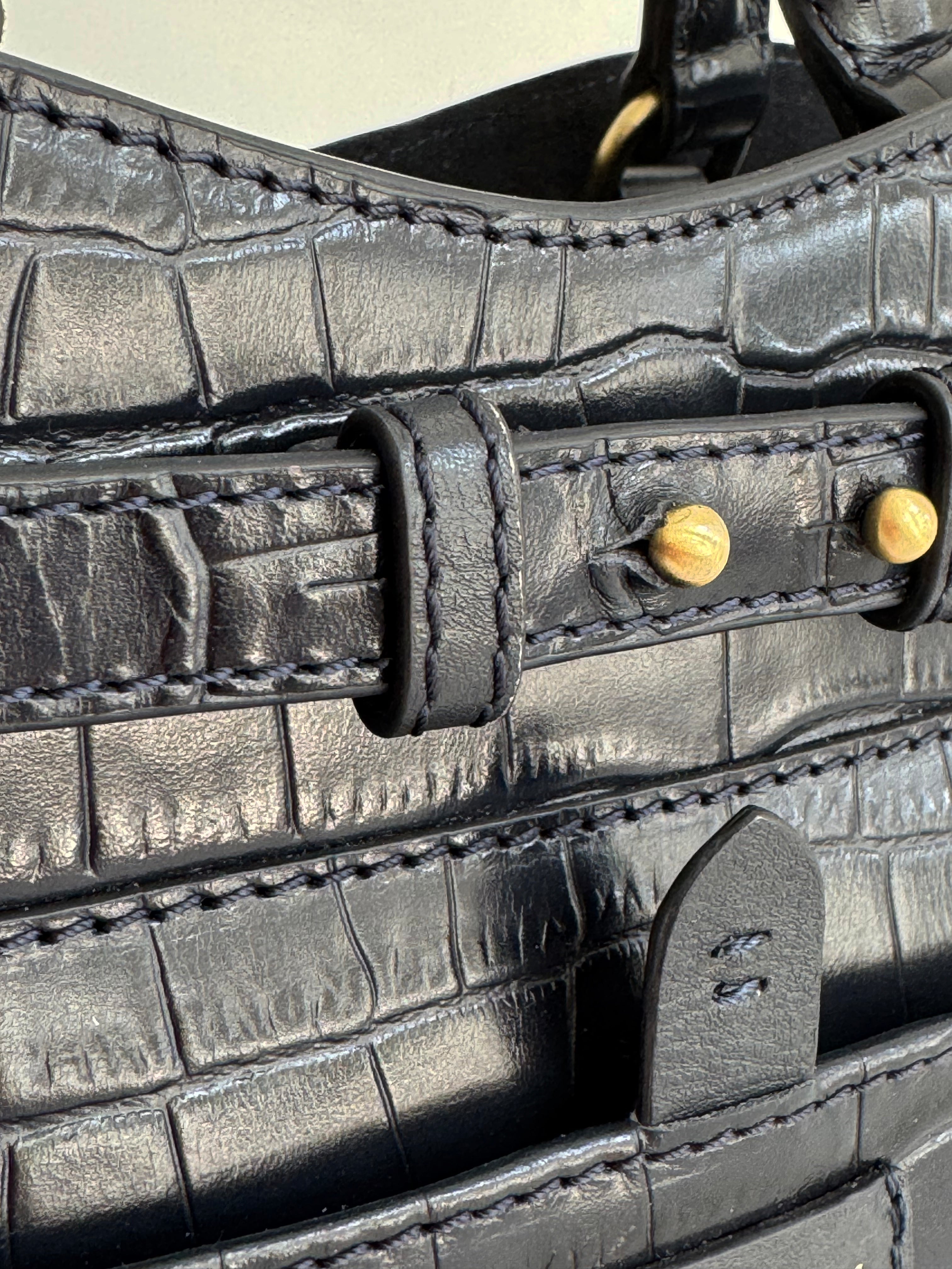 Ambridge Navy Croc Leather Handheld Bag with Detachable Shoulder Strap