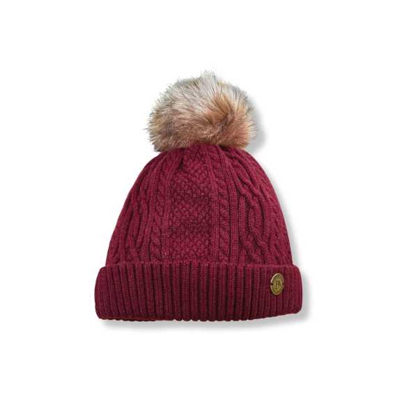 Knitted Bobble Hat in Dark Red Burgundy Cashmere Mix Yarn, Fully Teddy Fleece Lined