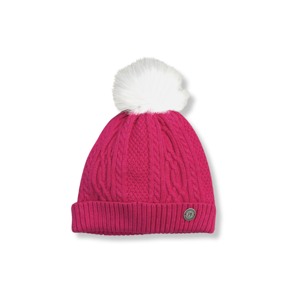 Knitted Bobble Hat in Raspberry Pink Cashmere Mix Yarn, Fully Teddy Fleece Lined