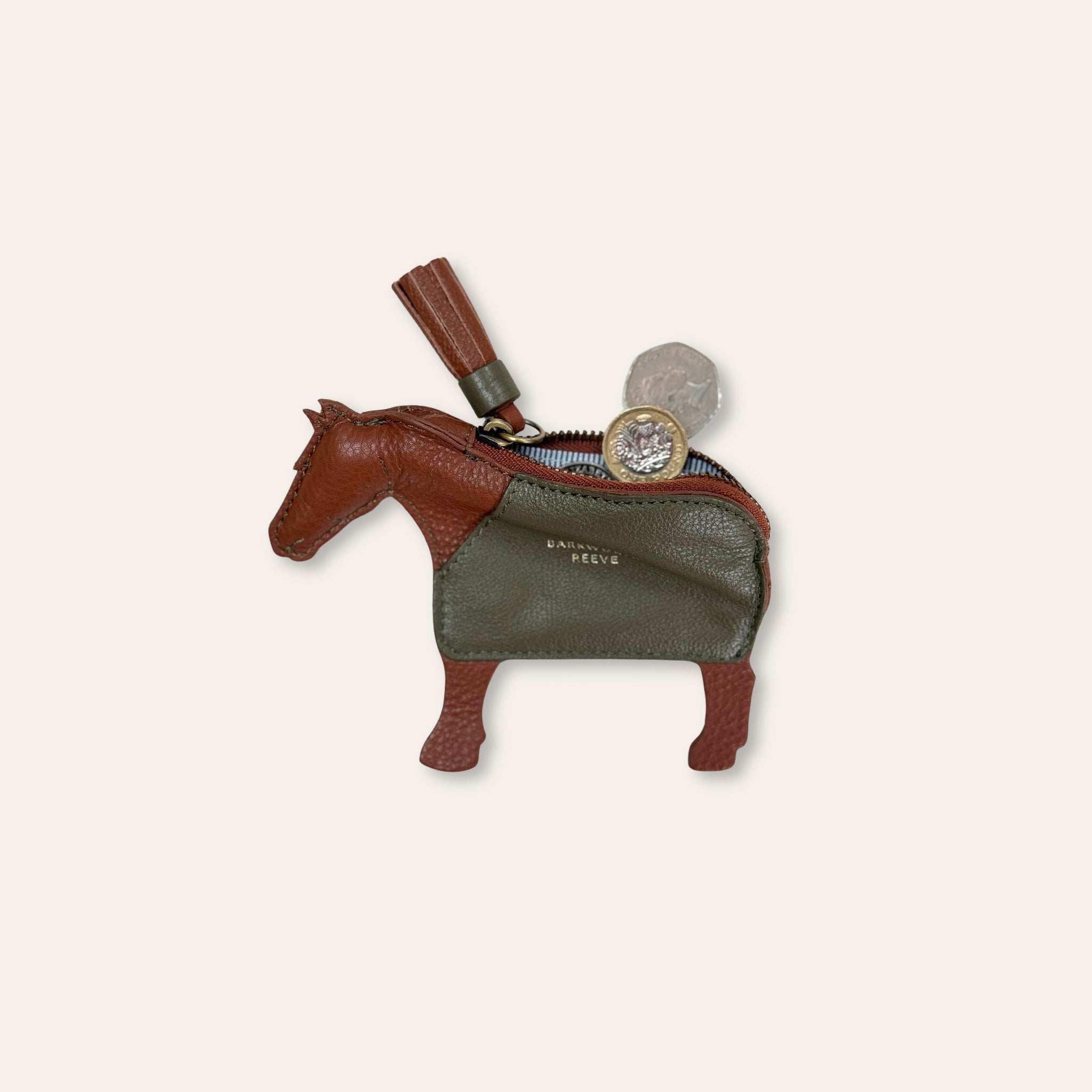 Leather Pony Coin Purse: Chestnut with Olive Rug and Zip Closure